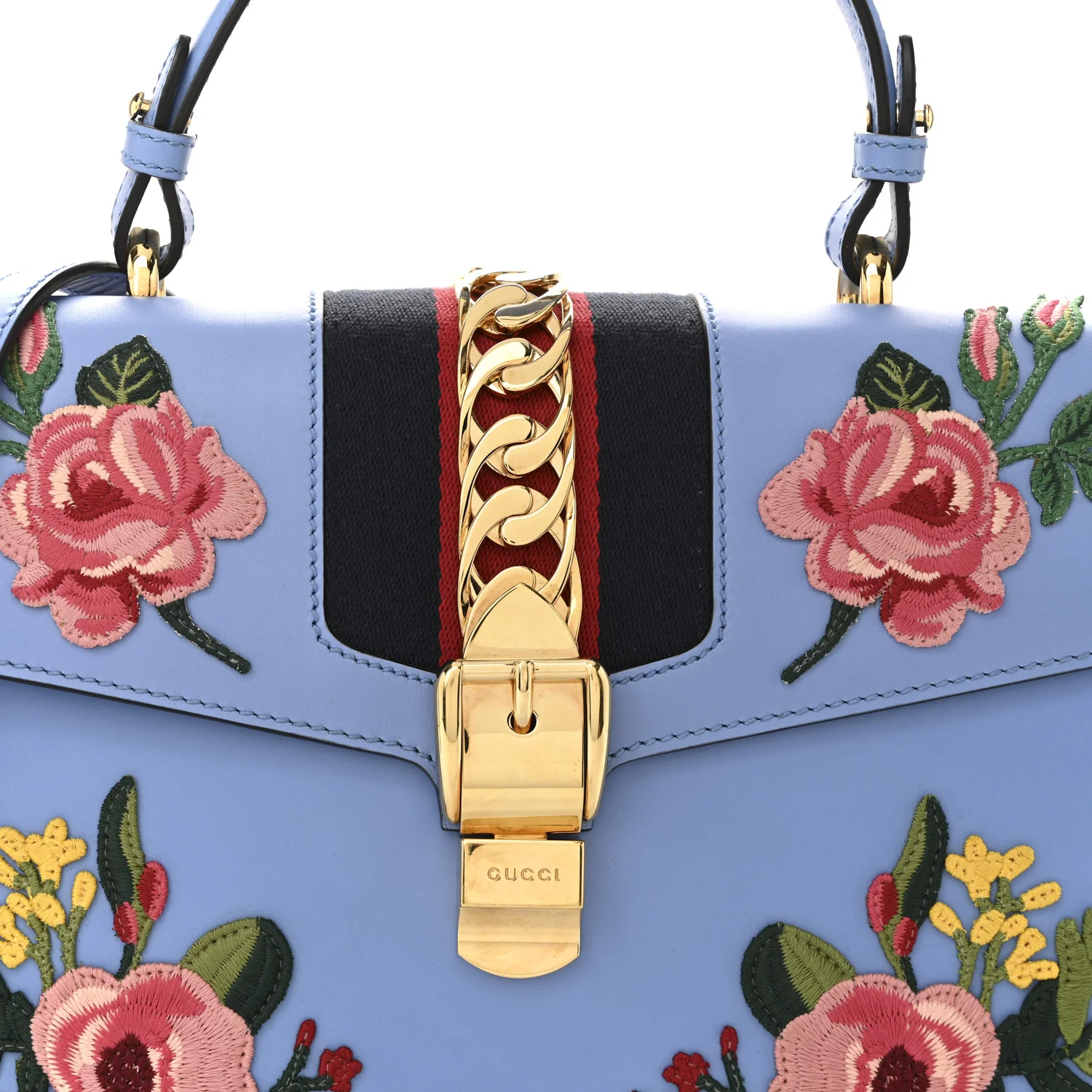 Calfskin Embroidered Medium Sylvie Top Handle Bag Clear Sky Blue - Top Club