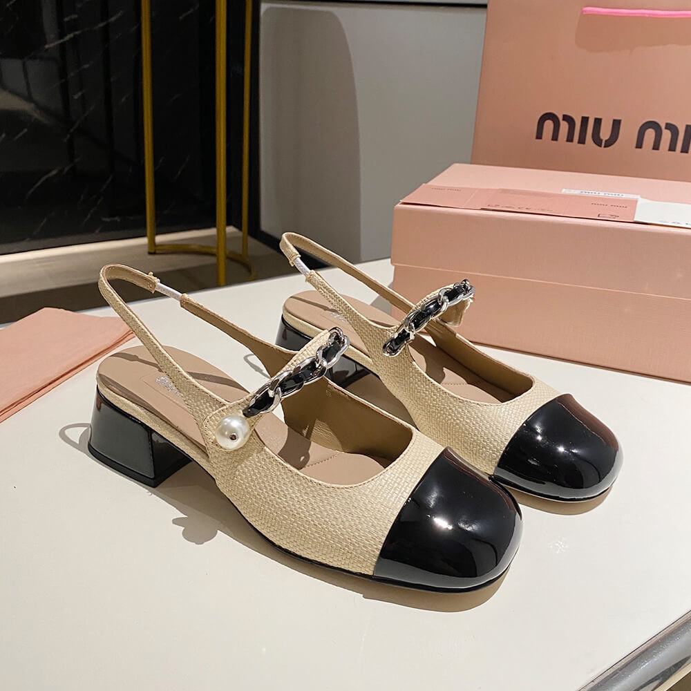 MIUMIU Patent leather and raffia slingback pumps - Top Club