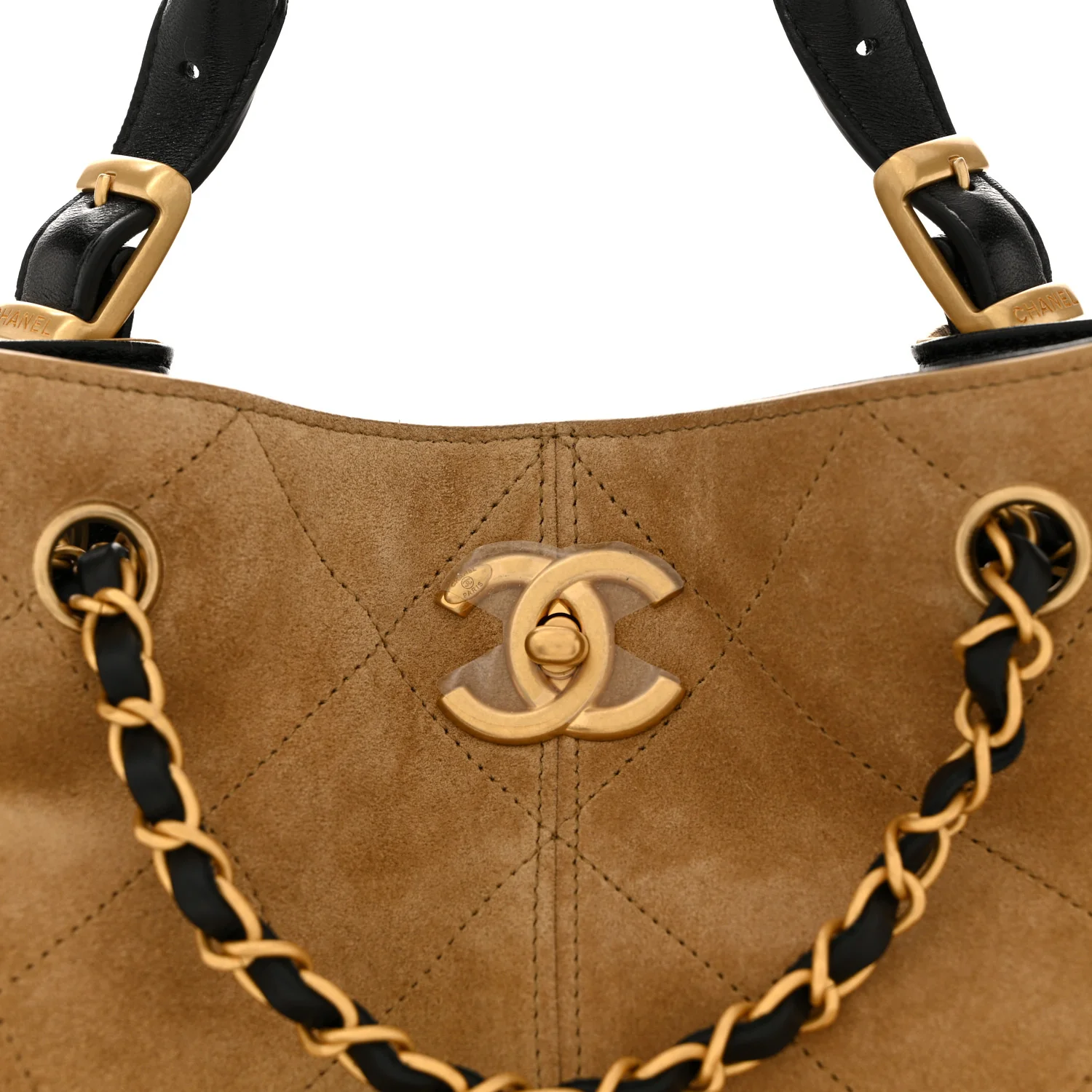 Suede Calfskin Shiny Lambskin Quilted Coco Base Shopping Bag Beige Black - Top Club