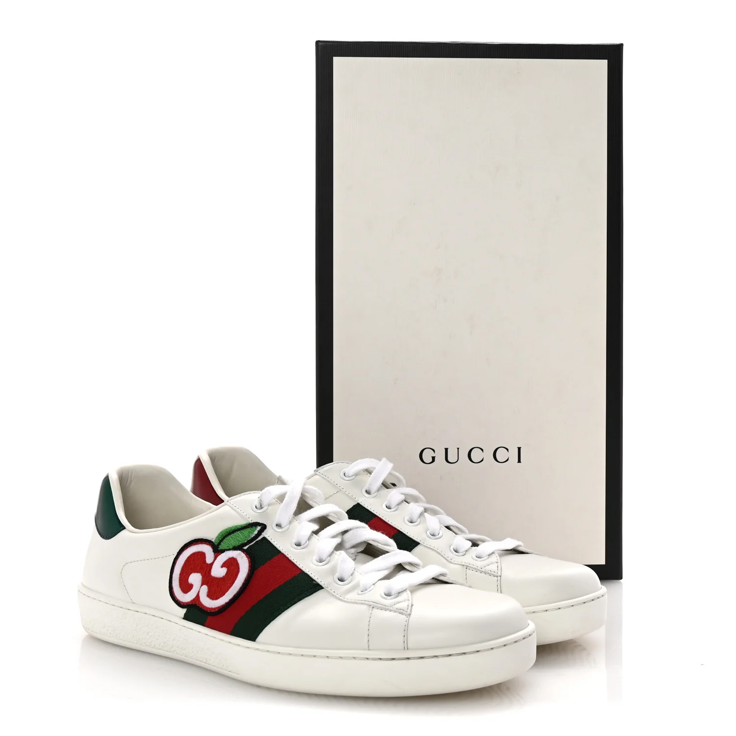 Calfskin Web GG Apple Embroidered Ace Sneakers 9.5 White - Top Club