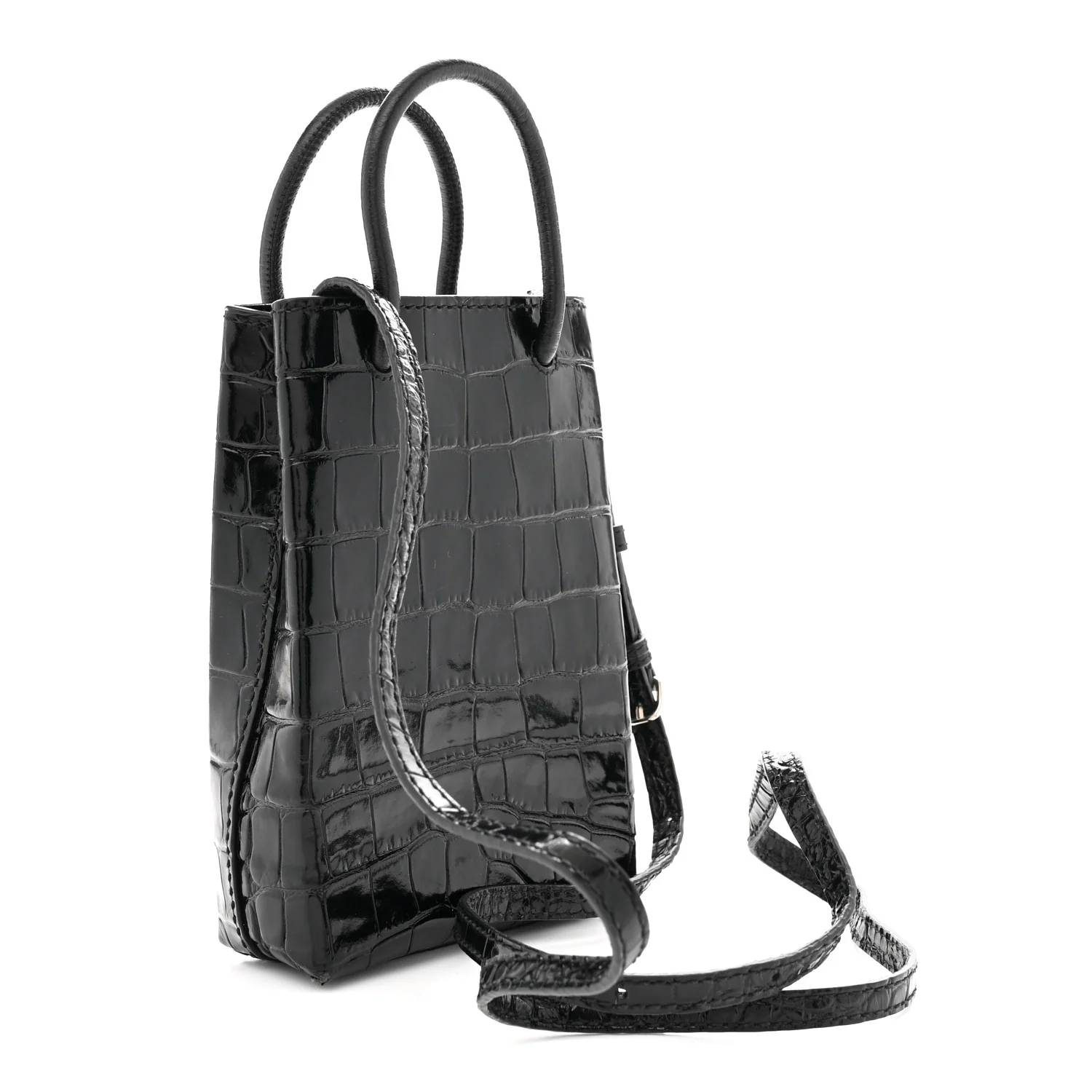 Calfskin Crocodile Embossed Logo Shopping Phone Holder Bag Black - Top Club