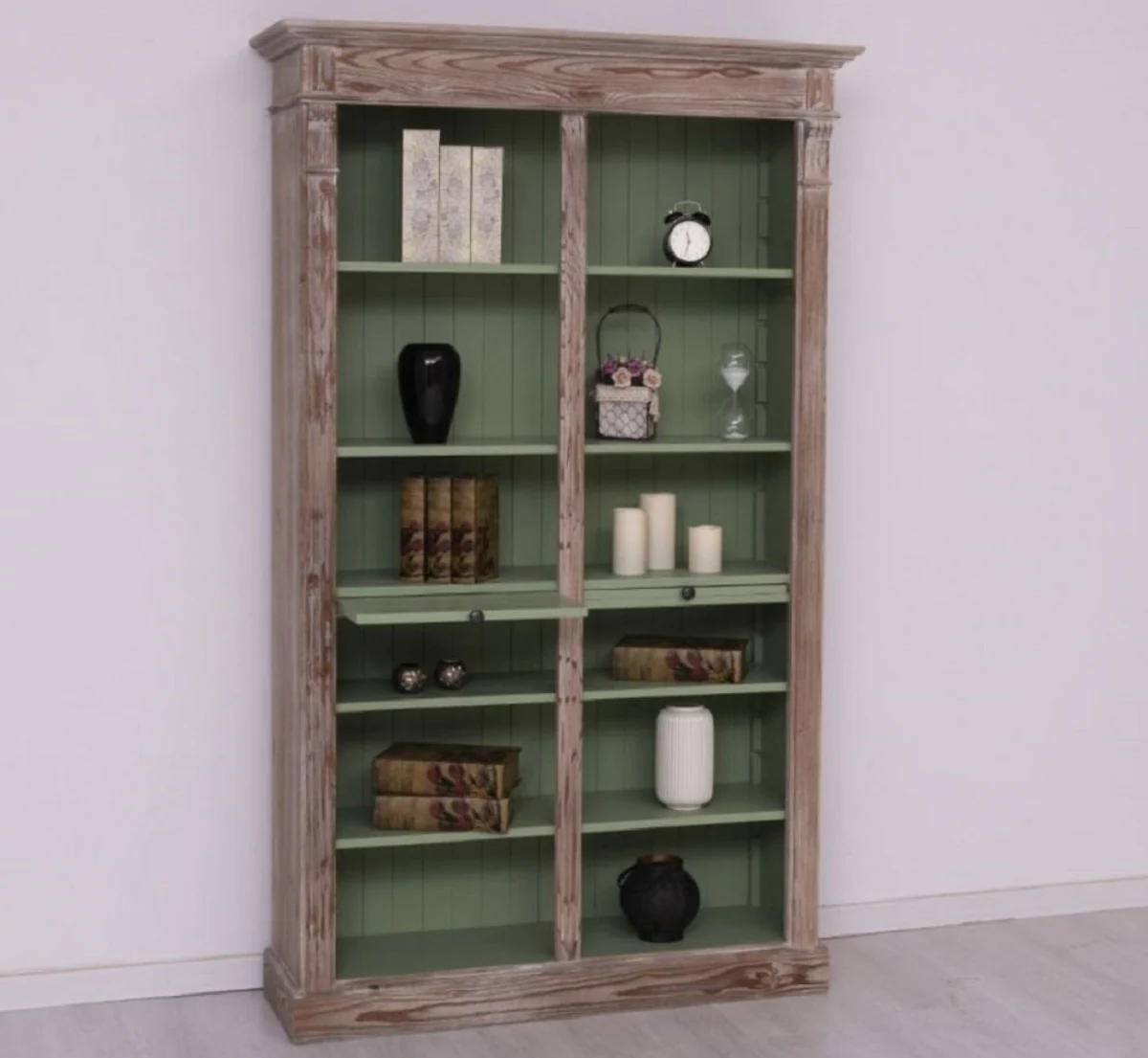 Country house style bookcase brown / green 120 x 37 x H. 197 cm - solid wood cabinet - shelf cabinet - living room cabinet - country house style furniture