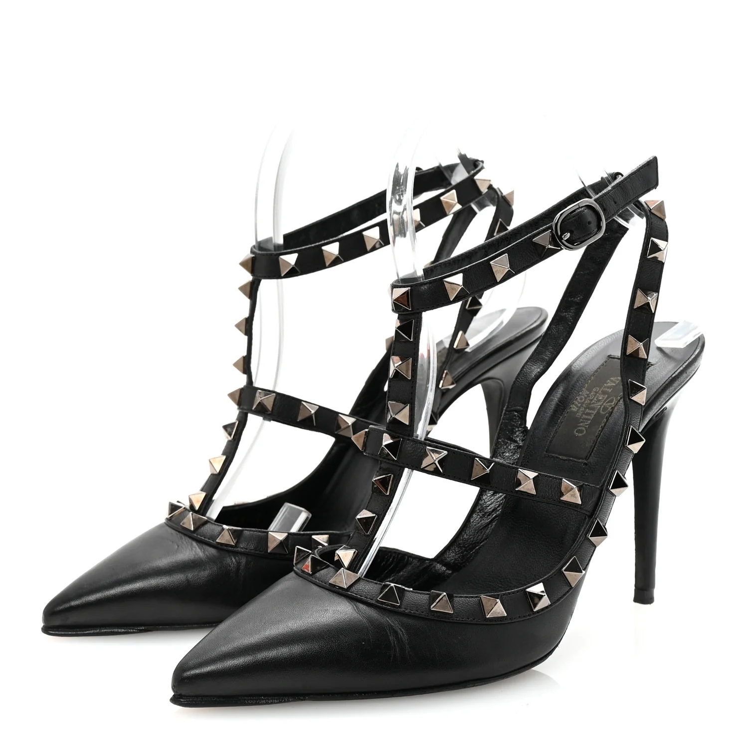 Calfskin Nappa Rockstud Ankle Strap 100mm Pumps 37 Black - Top Club