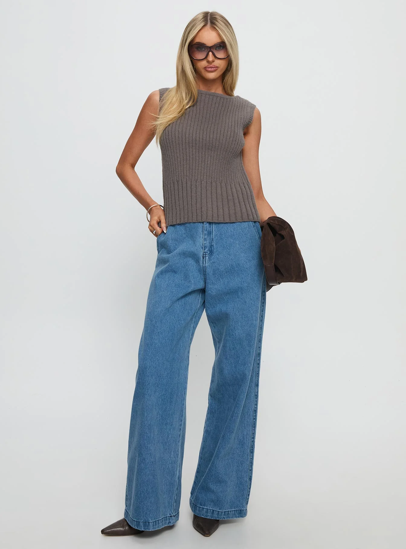 Peerless Ribbed Sleeveless Top Charcoal