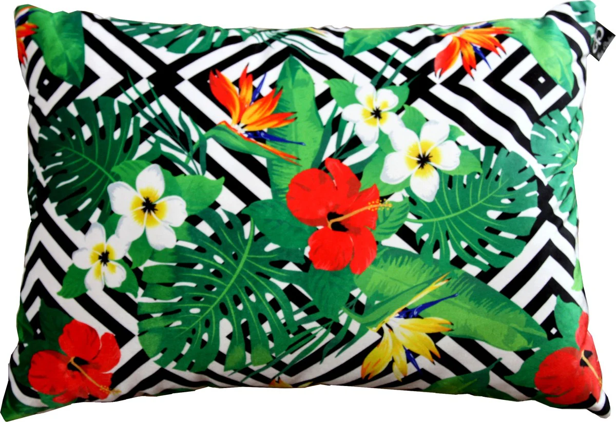 Luxury cushion Miami Flowers black / white / multicolored 35 x 55 cm - finest velvet fabric - living room decorative decorative cushion