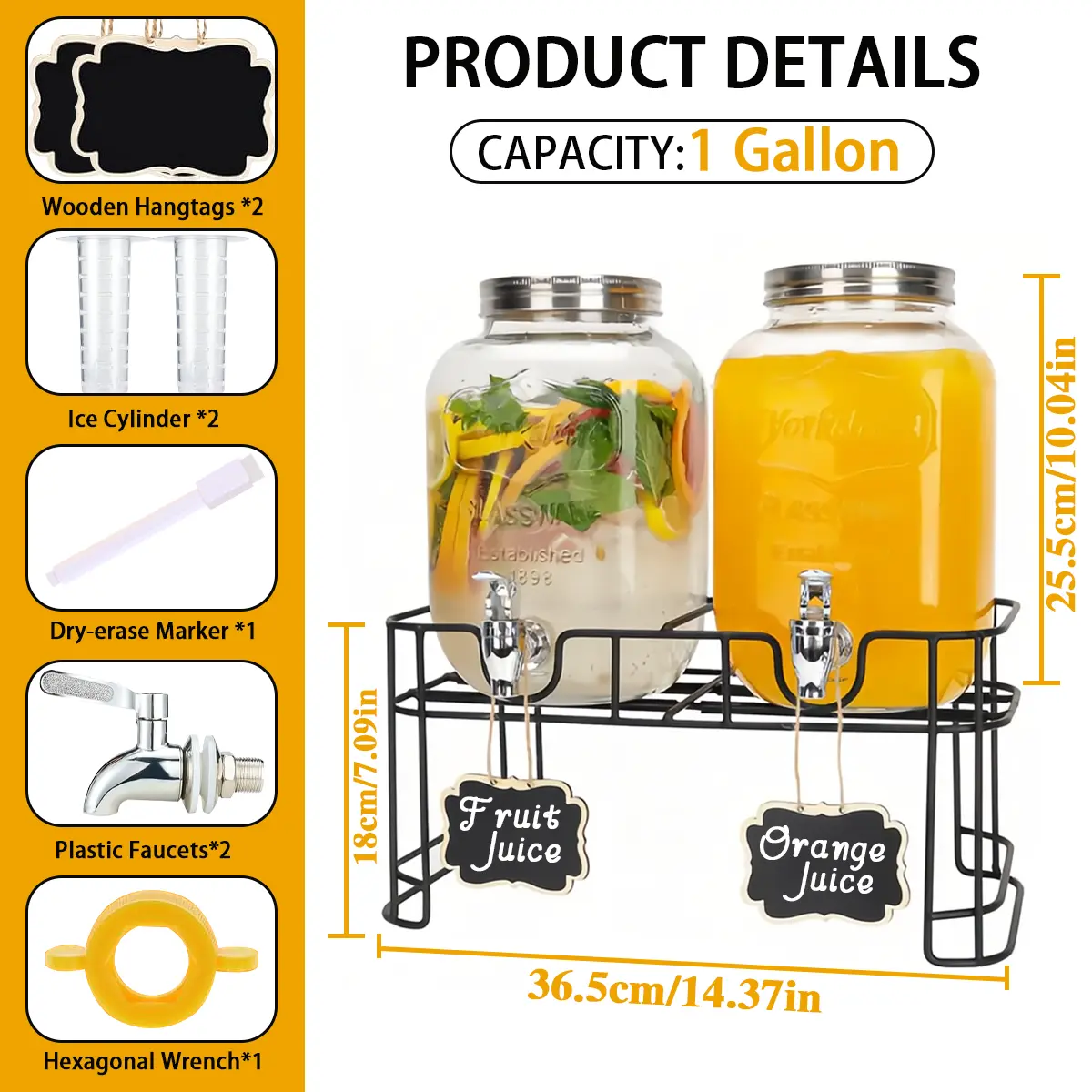 2 Packs 1 Gallon Glass Drink Dispenser with Stainless Steel Tap & Stand, Cold Beverage Dispenser, for Water, Juice, Punch, Lemonade & Parties, Decorative Labels for Home, Parties, Catering - (Cup Not Included), home essentials