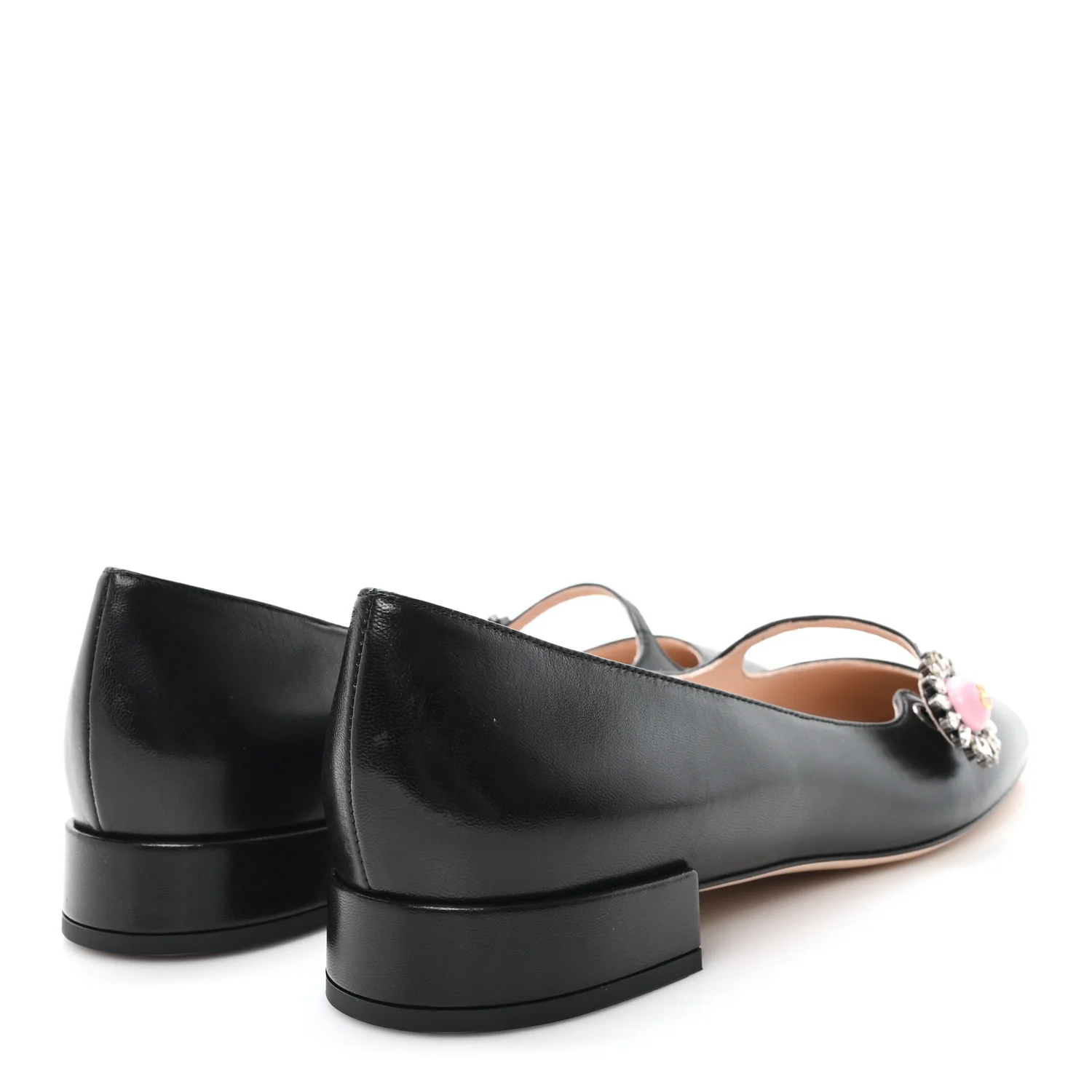 Kidskin Jewel Button Mary Jane Flats  38.5 Black Pink - Top Club