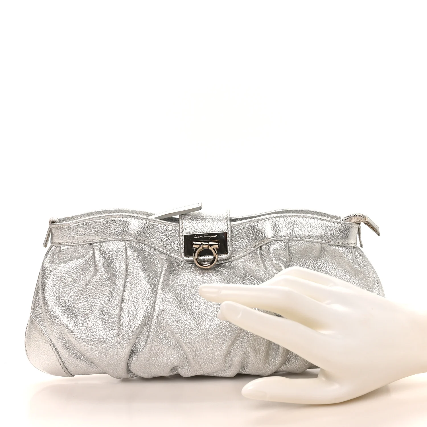 Metallic Calfskin Small Gancini Clutch Silver - Top Club