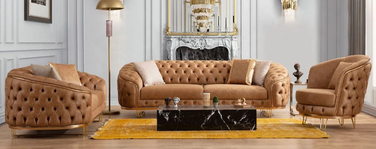 Luxury Chesterfield Living Room Set Vintage Brown / Brass - 2 Luxury Chesterfield Sofas & 2 Luxury Chesterfield Armchairs - Living Room Furniture - Luxury Furniture - Chesterfield Furniture