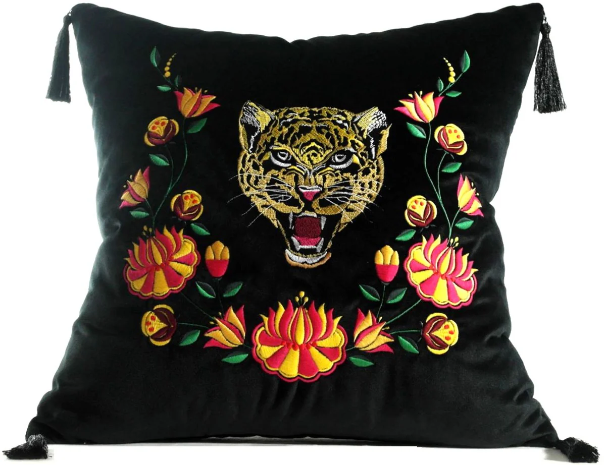 Luxury decorative cushion with tassels tiger black / multicolored 45 x 45 cm - finest velvet fabric - luxury quality