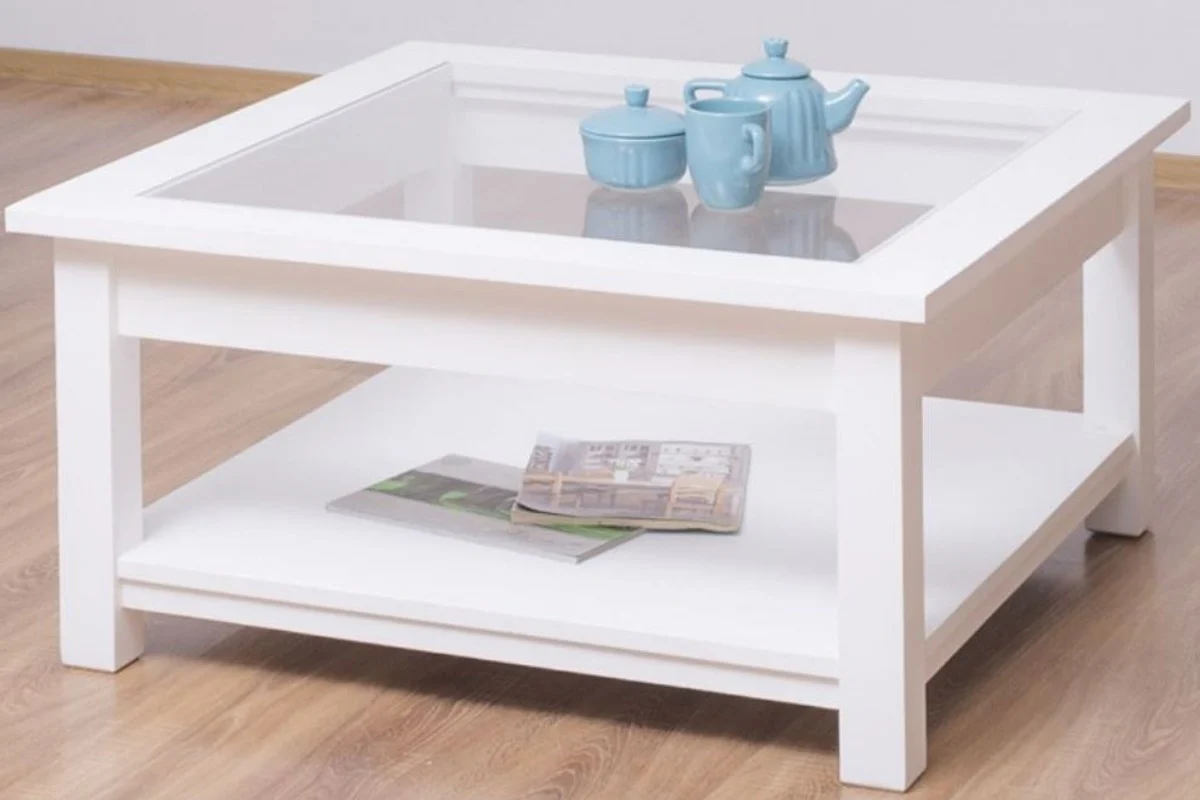 Country house style coffee table with glass top white 90 x 90 x H. 45 cm - solid wood living room table - living room furniture in country house style