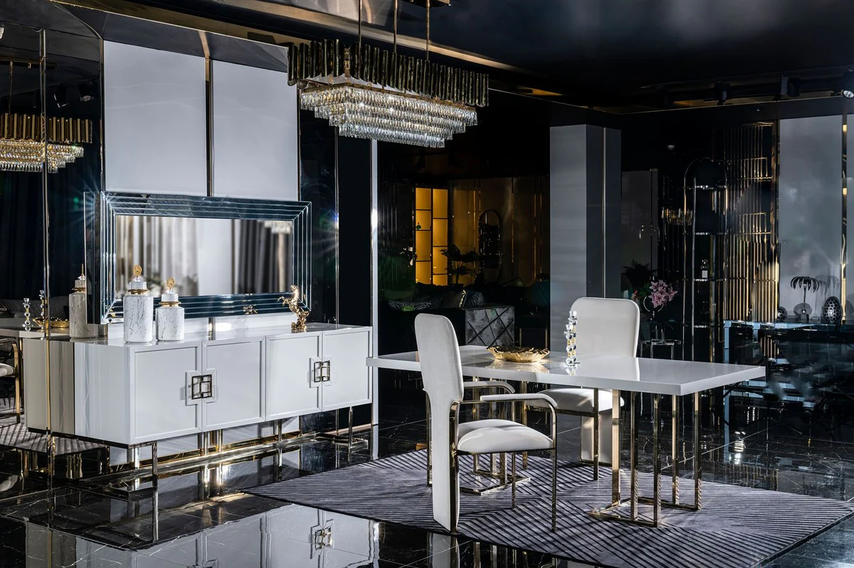 Luxury dining table white / gold 200 x 110 x H. 80 cm - Rectangular kitchen table with solid wood table top and metal legs - Dining room furniture - Kitchen furniture - Luxury furniture