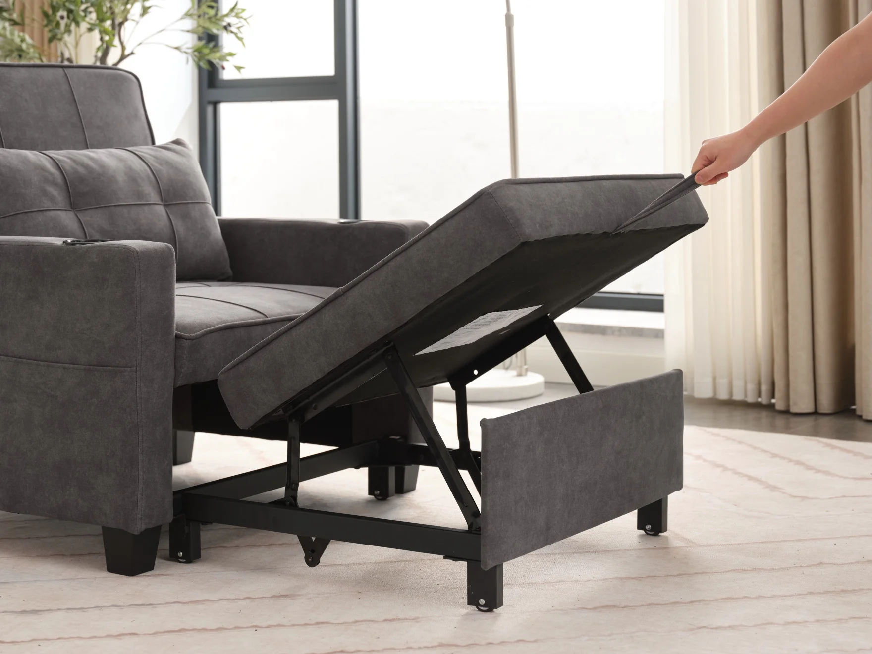 Convertible Futon Sofa Bed, 3 - in - 1 Multi - Functional Sleeper Chair Bed with USB Ports, Adjustable Backrest Recliner, for Living Room Bedroom Small Space, Tech Cloth, Dark Grey