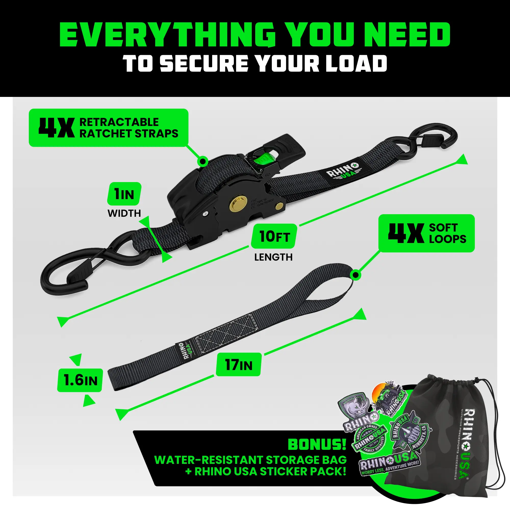 Lush's Pick - Rhino USA Retractable Ratchet Straps - 1in x 10ft (4pack) and 2in x 10ft (2pack)