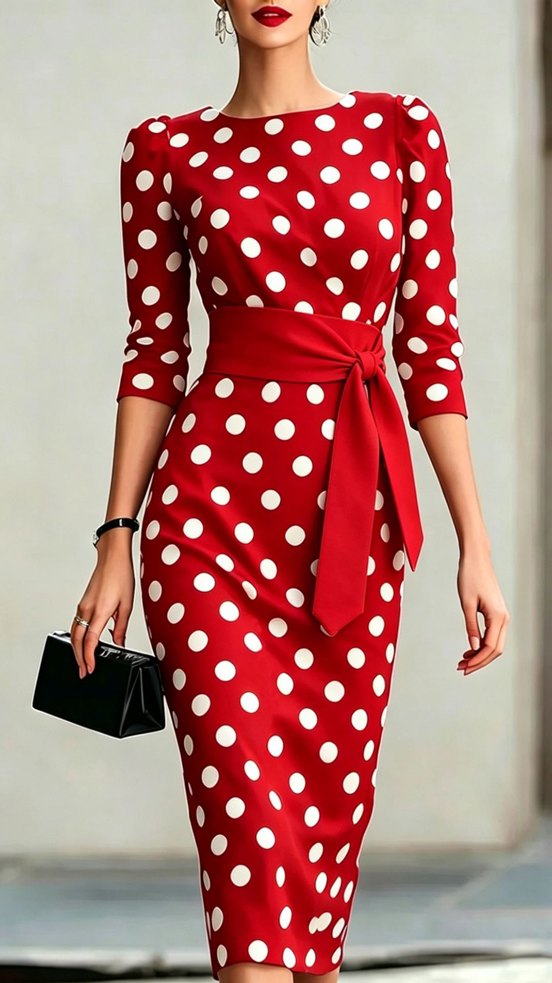 Women's Cotton‑blend Black‑white Polka‑dot Boat‑neck Mid‑sleeve Tie‑waist Bodycon Midi Dress - Nordfashionstorm - Women's Clothing, Fashion for You - Nordfashionstorm.com