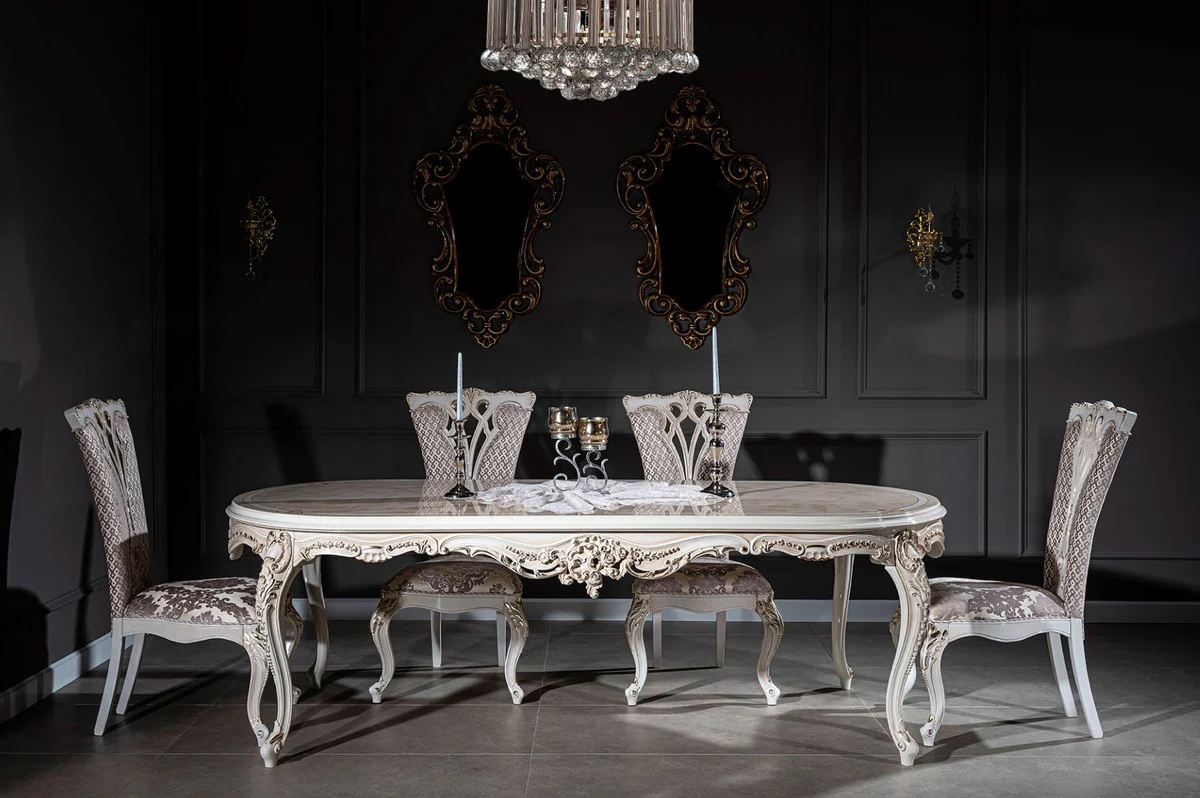 Luxury baroque dining table beige / white / gold 247 x 110 x H. 80 cm - Oval solid wood dining room table - Baroque dining room furniture - Noble & magnificent