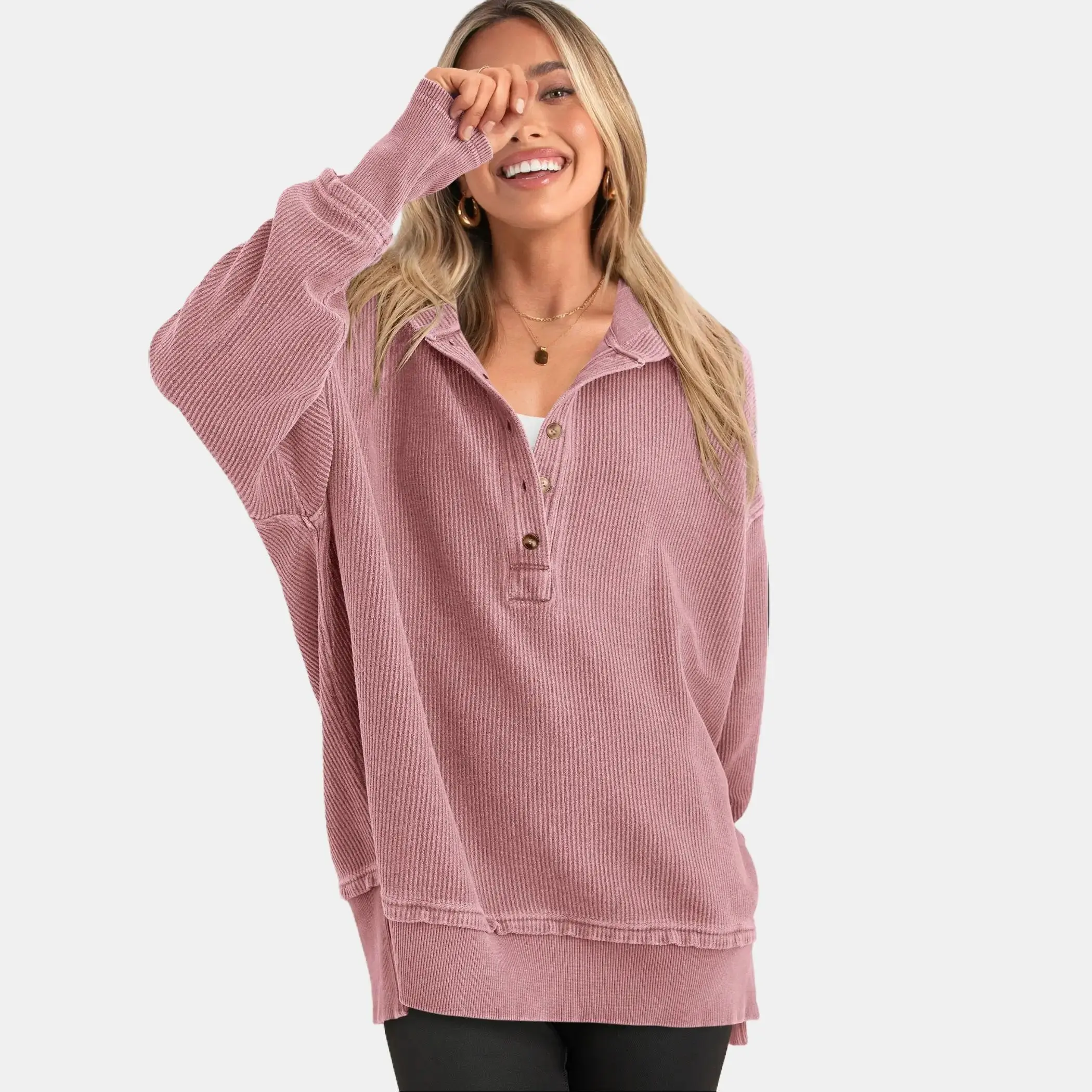 PRETTYGARDEN Womens Fashion Long Sleeve Hoodie Oversized Button Up V Neck Sweatshirt Side Slit Casual Pullover Tops for Fall Cozy Goals