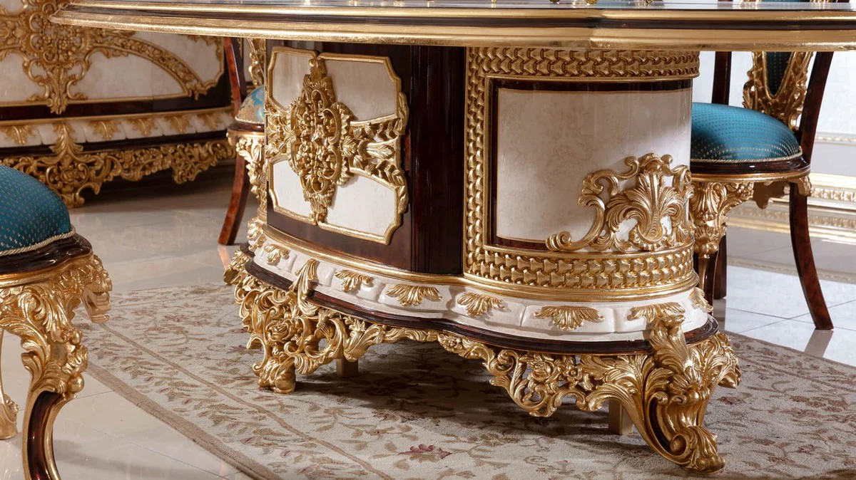 Luxury Baroque Dining Room Set White / Brown / Blue / Gold - 1 Baroque Dining Table & 6 Baroque Dining Chairs - Baroque Dining Room Furniture - Noble & Magnificent