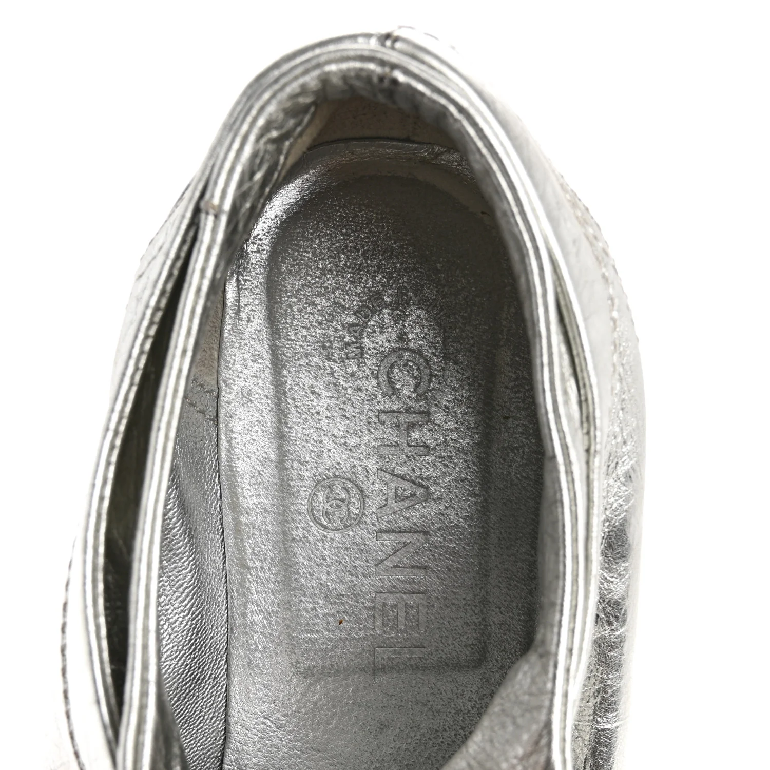 Metallic Lambskin Patent Cap Toe CC Sneakers 38.5 Silver Black - Top Club