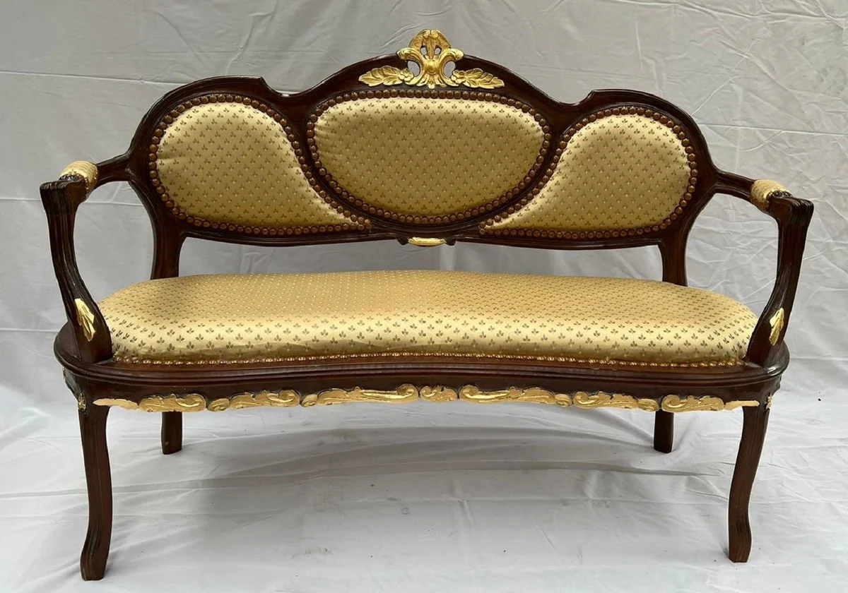Baroque bench with armrests gold / dark brown - padded solid wood bench - handmade baroque furniture - noble and magnificent