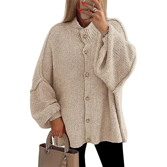 PrettyGarden Women's Winter Button Down Cardigan Sweaters Mock Neck Lantern Long Sleeve Chunky Knit Jacket Trendy Outerwear
