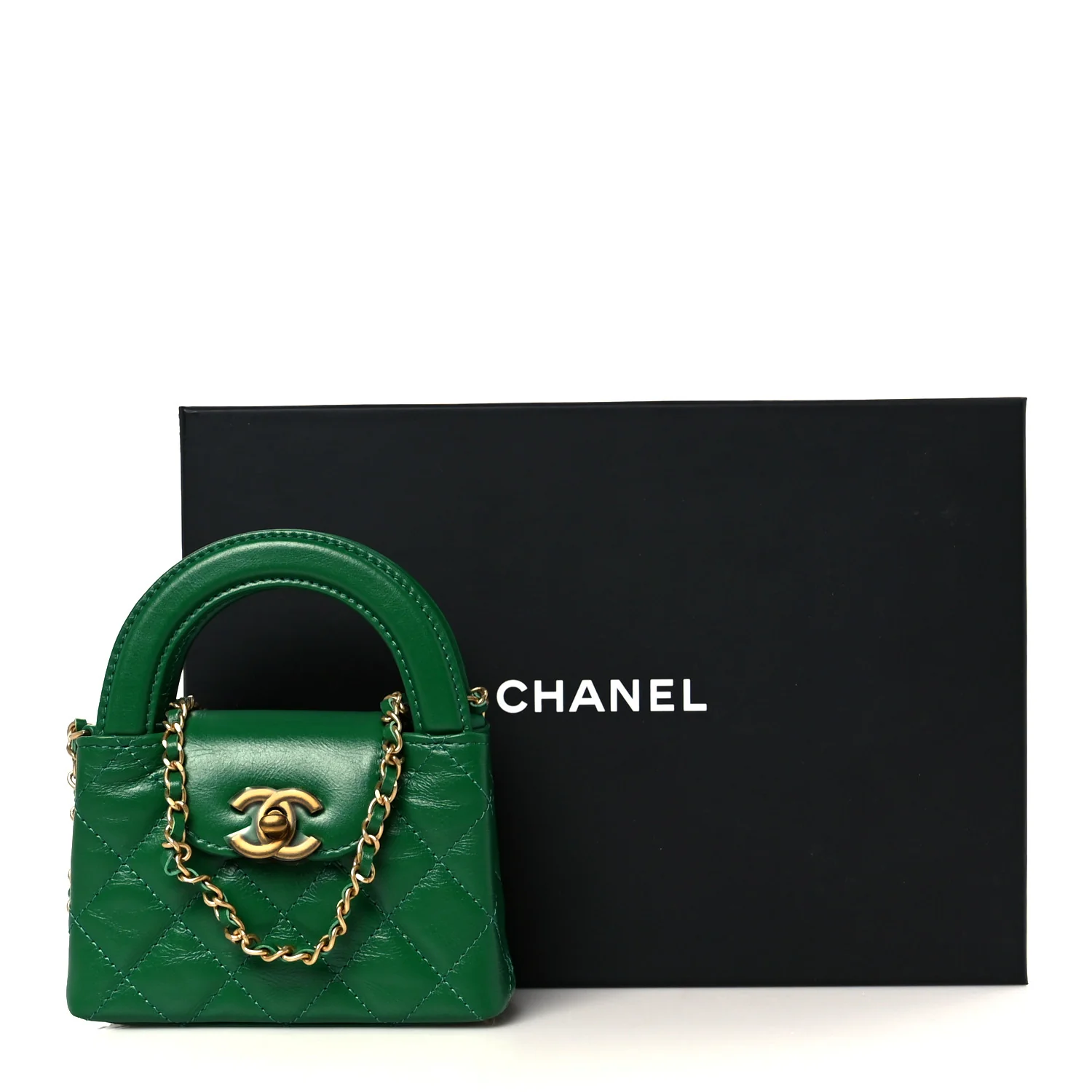Shiny Aged Calfskin Quilted Mini Nano Kelly Shopper Green - Top Club