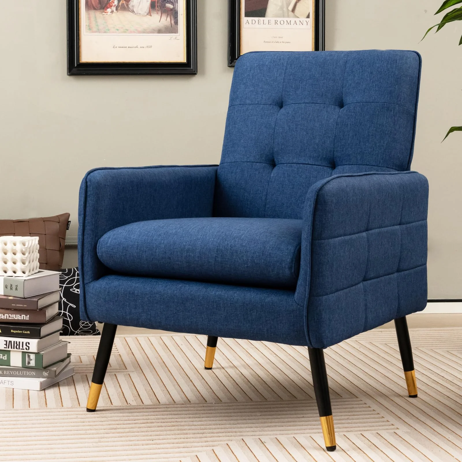 BEFOUNDLOVELY Upholstered Armchair with Tufted Back, Metal Legs, Adjustable Foot Pads