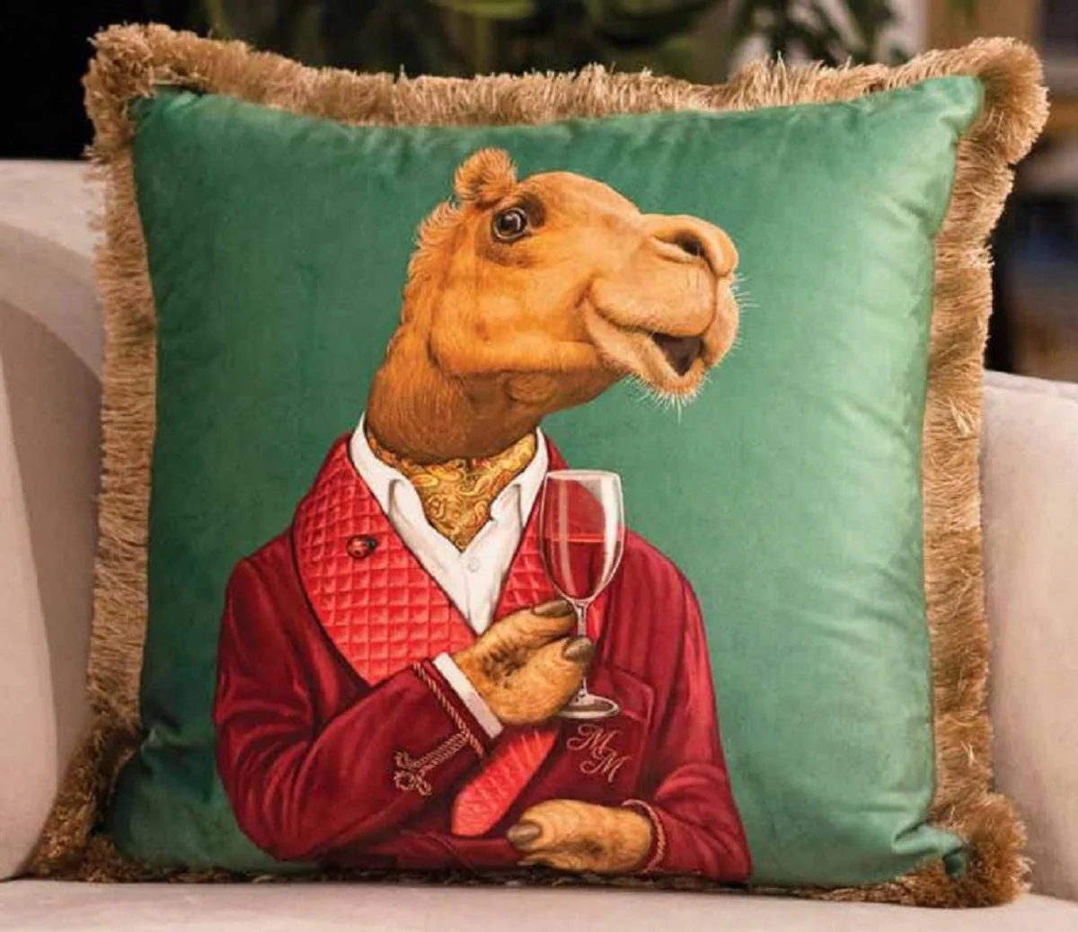 Luxury decorative cushion gentleman camel green / multicolored / brown 45 x 45 cm - printed velvet cushion with fringes - luxury quality