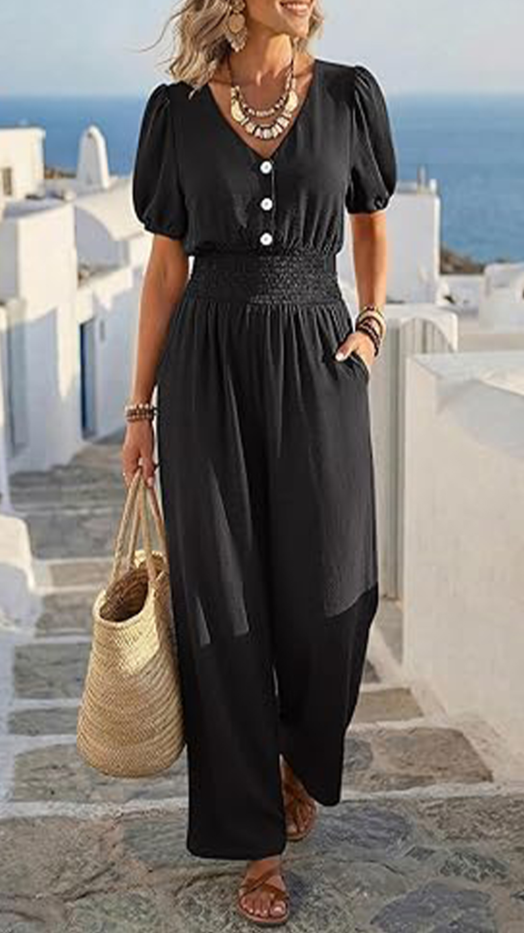 Women's V-Neck Jumpsuit with Puff Sleeves, Cinched Waist, and Wide Legs - Nordfashionstorm - Women's Clothing, Fashion for You - Nordfashionstorm.com