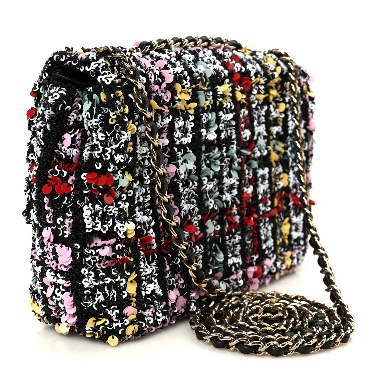 Tweed Sequin Small Single Flap Black Red Multicolor - Top Club