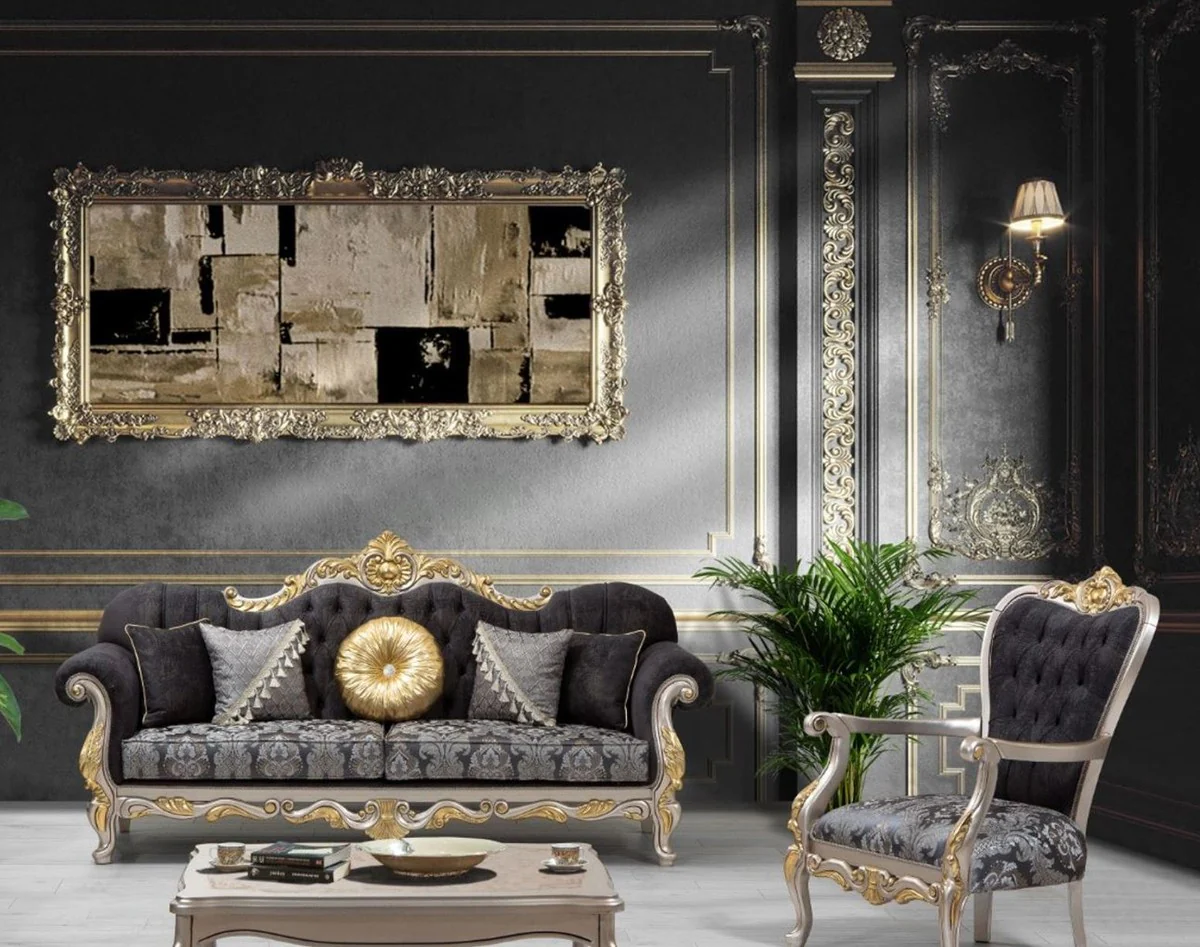 Luxury baroque living room set black / silver / gold - 2 sofas & 2 armchairs & 1 coffee table - living room furniture in baroque style - noble & magnificent