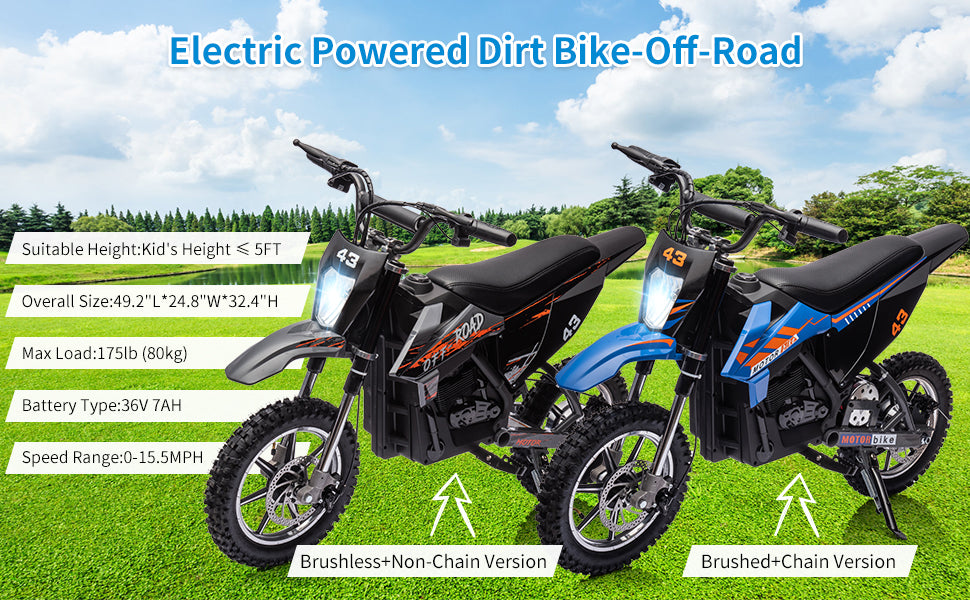 36V Kids Electric Dirt Bike. 350W. 15.5MPH. LED. 175lbs Max 36V Kids Electric Dirt Bike. 350W. 15.5MPH. LED. 175lbs Max