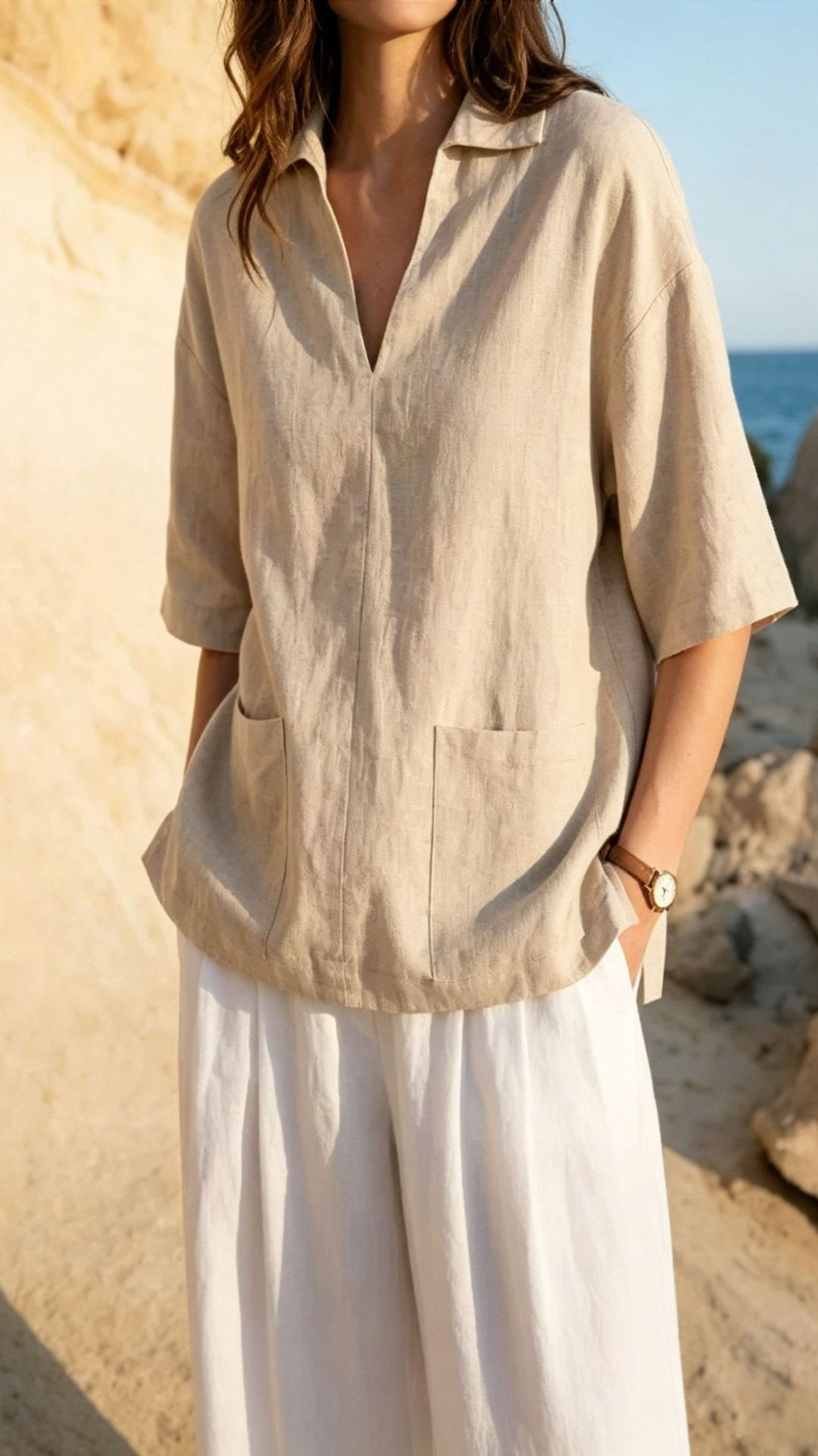 Women's Khaki Collared Mid-sleeve Cotton-blend Blouse - Nordfashionstorm - Women's Clothing, Fashion for You - Nordfashionstorm.com