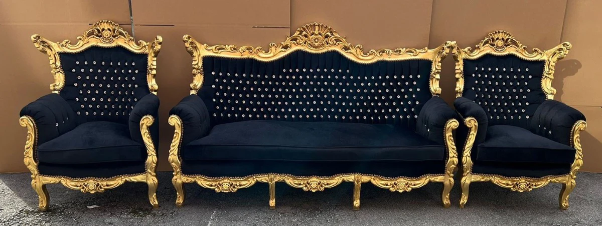 Baroque living room set black / gold - 1 baroque sofa & 2 baroque armchairs - baroque furniture - baroque living room furnishings - living room furniture in baroque style