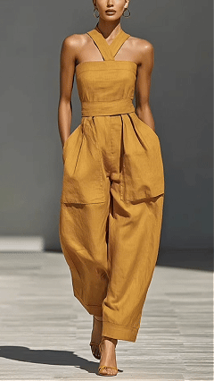 Women's Linen Blend Crossover Halter Neck Loose Fit Jumpsuit - Nordfashionstorm - Women's Clothing, Fashion for You - Nordfashionstorm.com