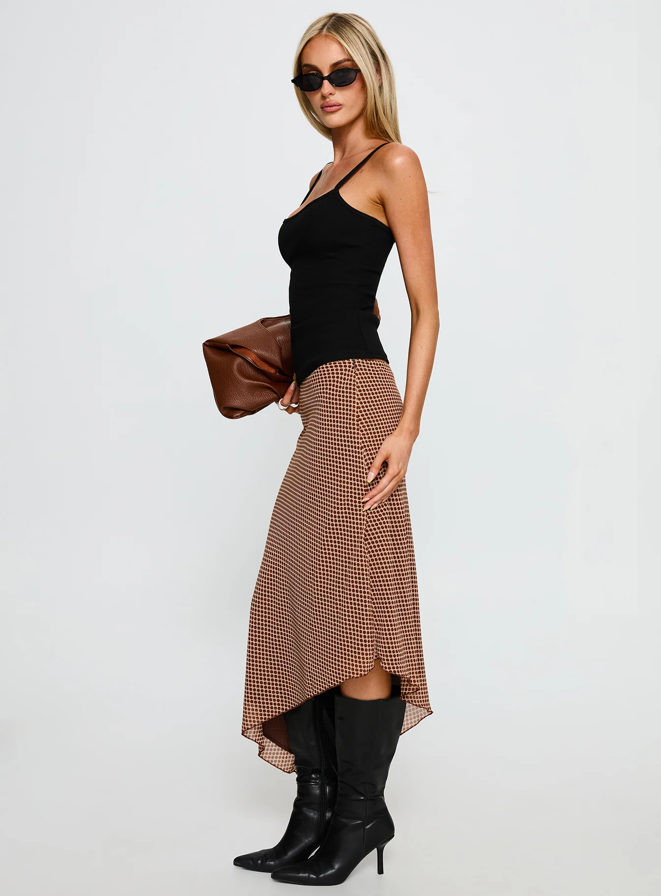Suella Asymmetrical Midi Skirt Brown Polka Dot