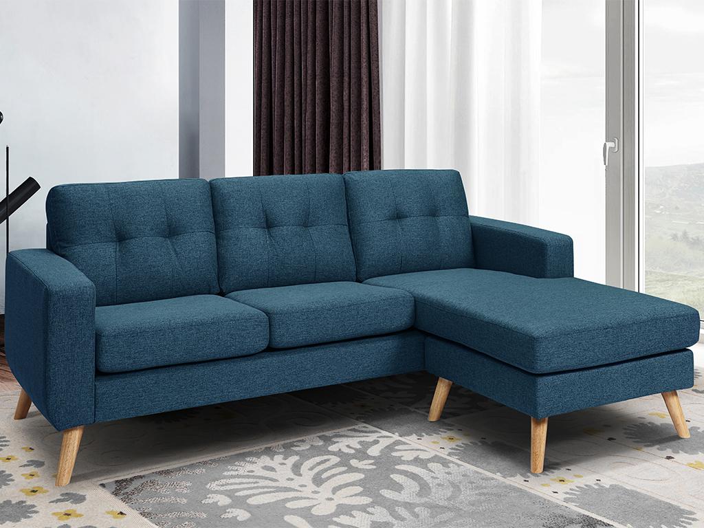 Sofá rinconera reversible de tela azul oscuro patas de madera