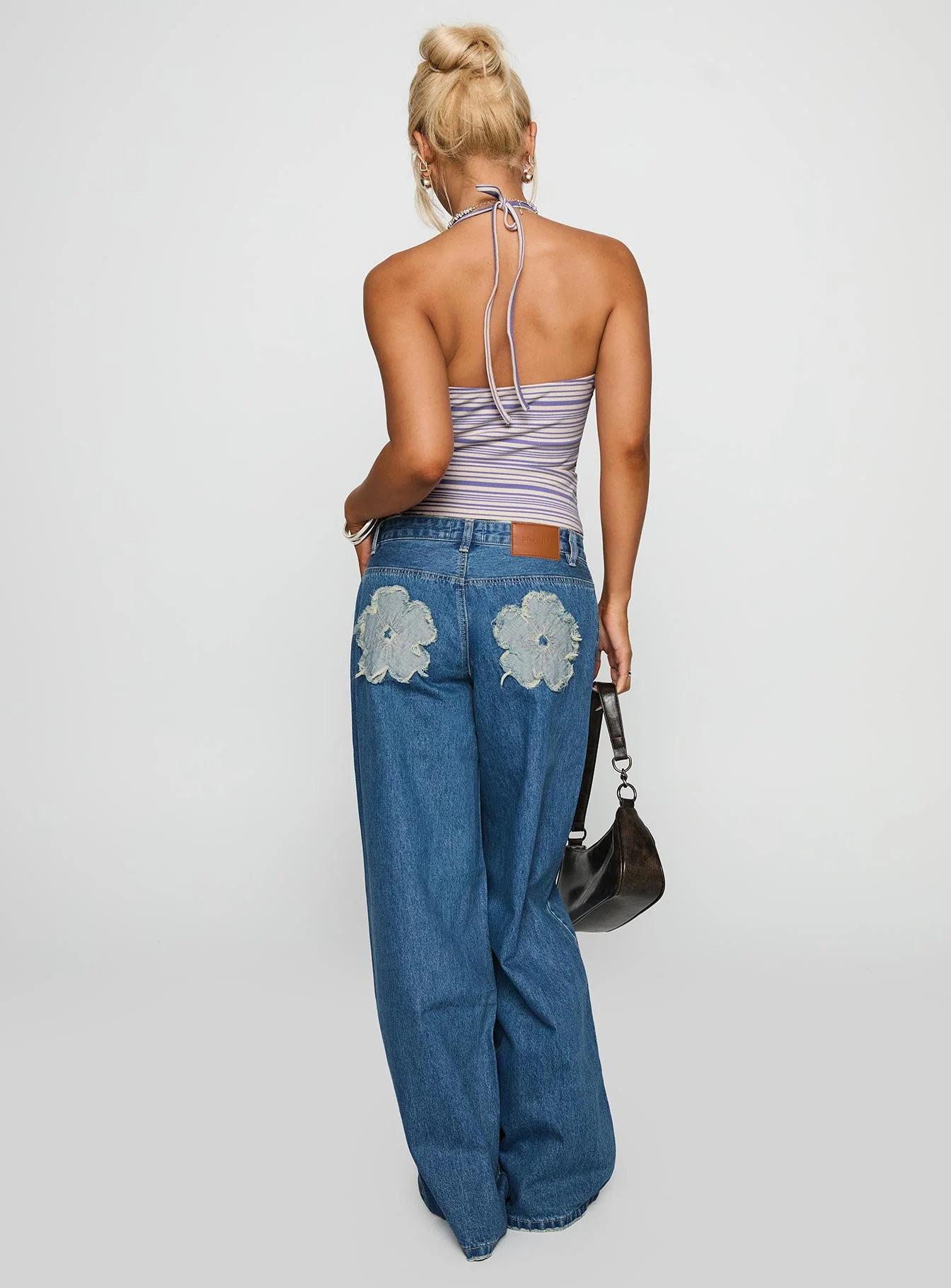 A Keeper Flower Patch Low Rise Wide Leg Jeans Mid Blue
