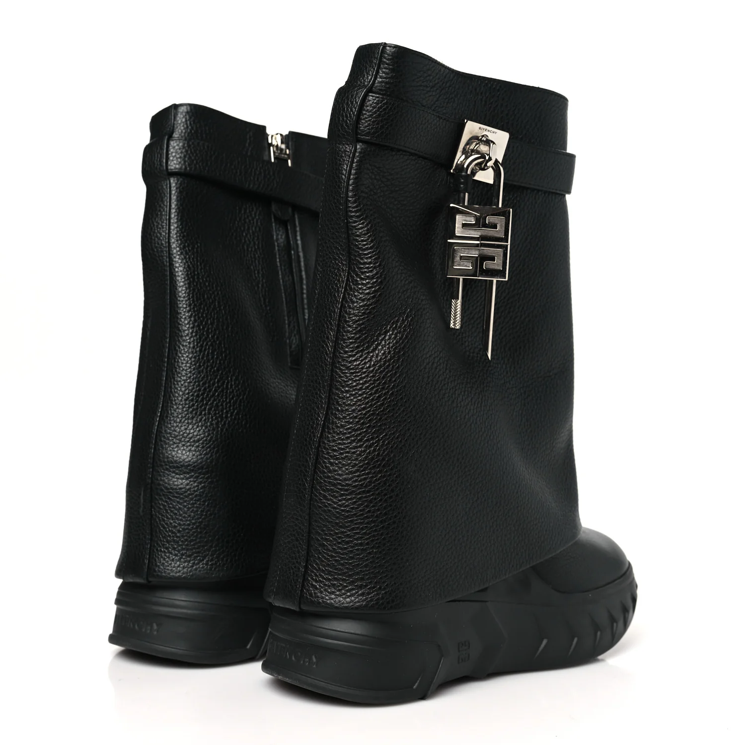 Grained Calfskin Shark Lock Biker Ankle Boots 36 Black - Top Club