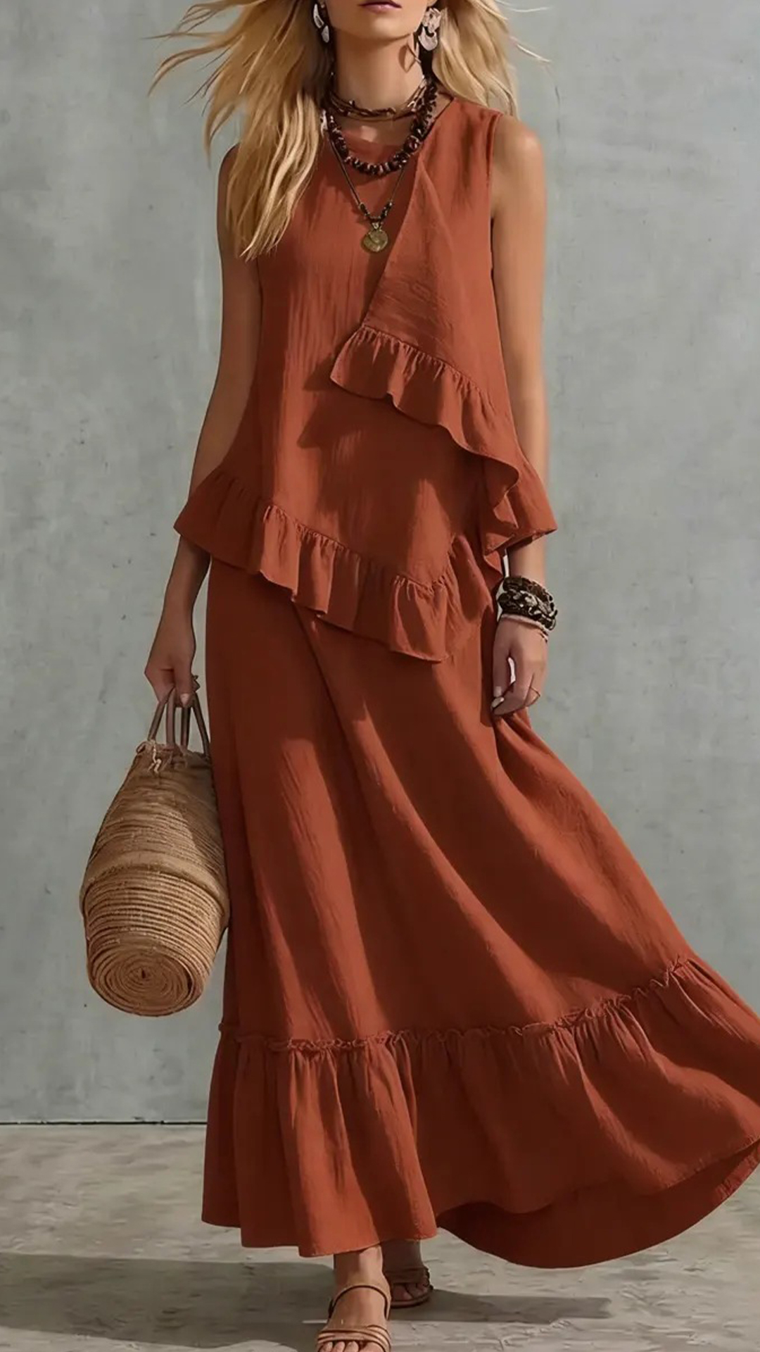 Women's Cotton-Blend Ruffled Sleeveless Maxi Dress - Nordfashionstorm - Women's Clothing, Fashion for You - Nordfashionstorm.com