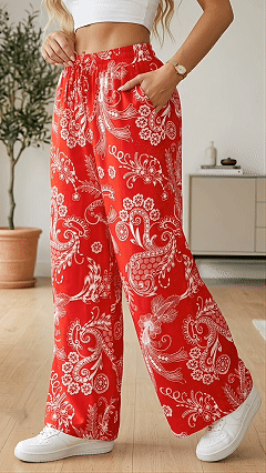 Women's  Elastic Waist Retro Print Loose Wide Leg Polyester Pants - Nordfashionstorm - Women's Clothing, Fashion for You - Nordfashionstorm.com