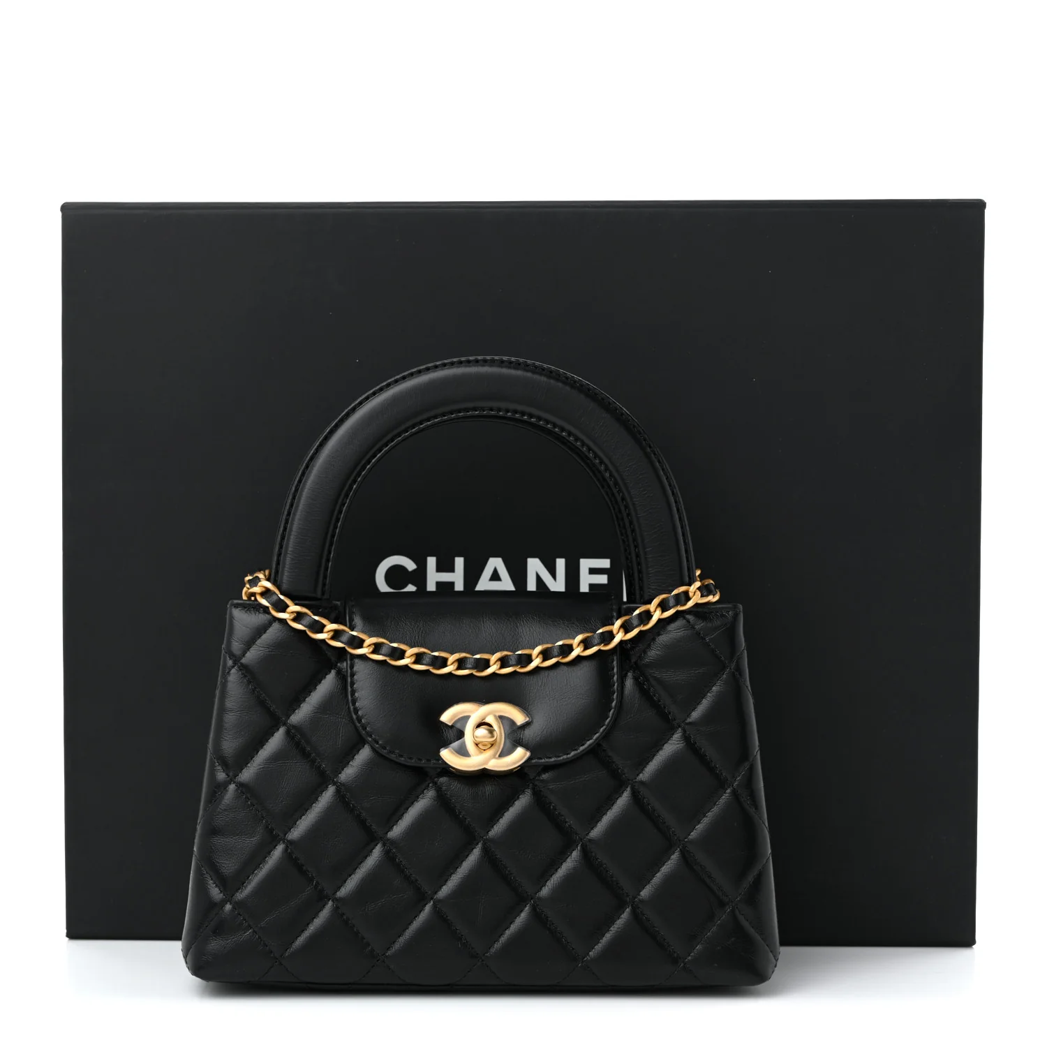 Shiny Aged Calfskin Quilted Nano Kelly Shopper Black - Top Club