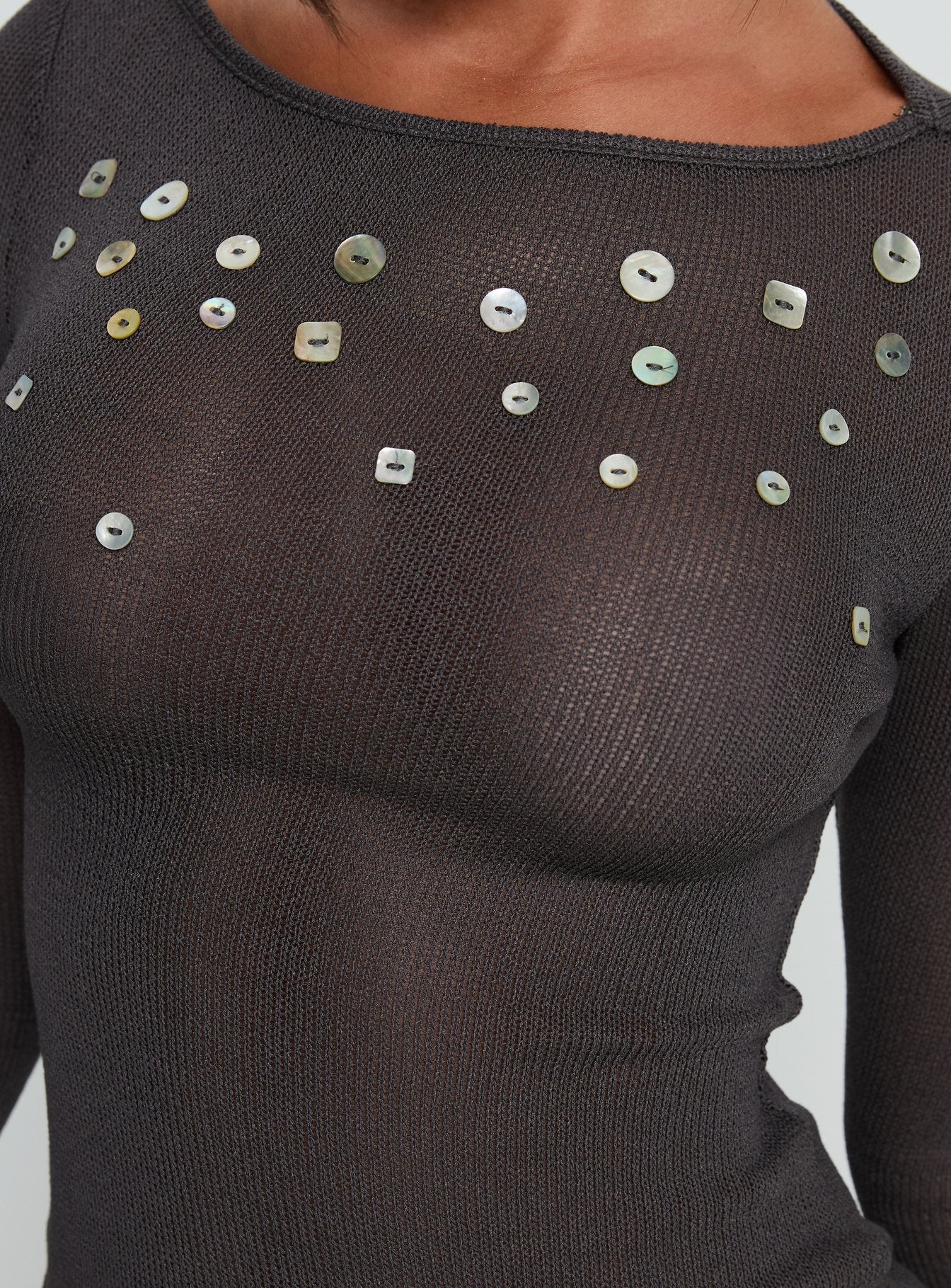 Andia Long Sleeve Sheer Embellished Top Grey