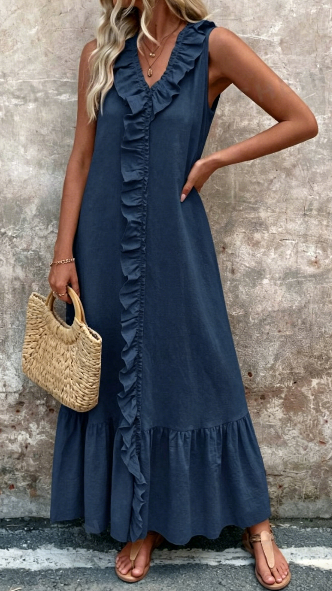 Women's Cotton-Blend Textured Sleeveless Ruffle Maxi Dress - Nordfashionstorm - Women's Clothing, Fashion for You - Nordfashionstorm.com