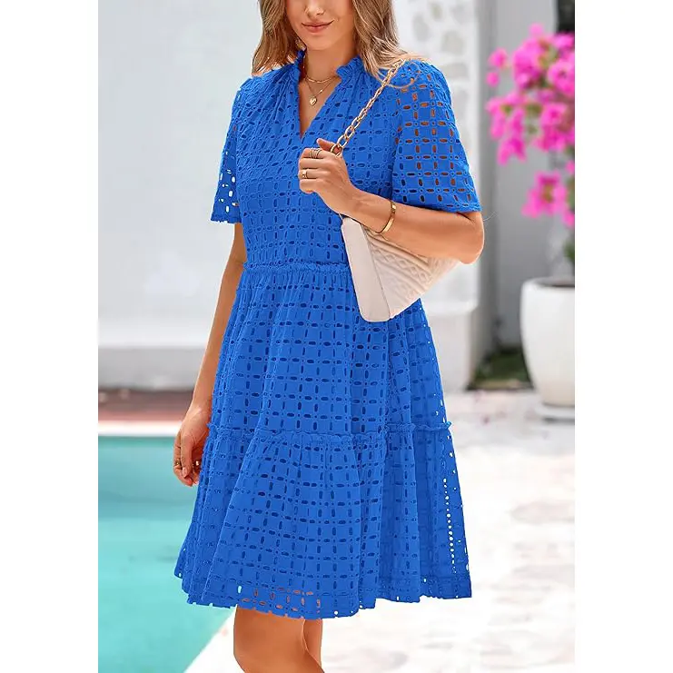 PrettyGarden Trendy Short Sleeve Mini Dress| V-Neck Eyelet Ruffle Dress| A-Line Swing Summer Outfit| Chic Hollow Out Dress for Women Minimalist