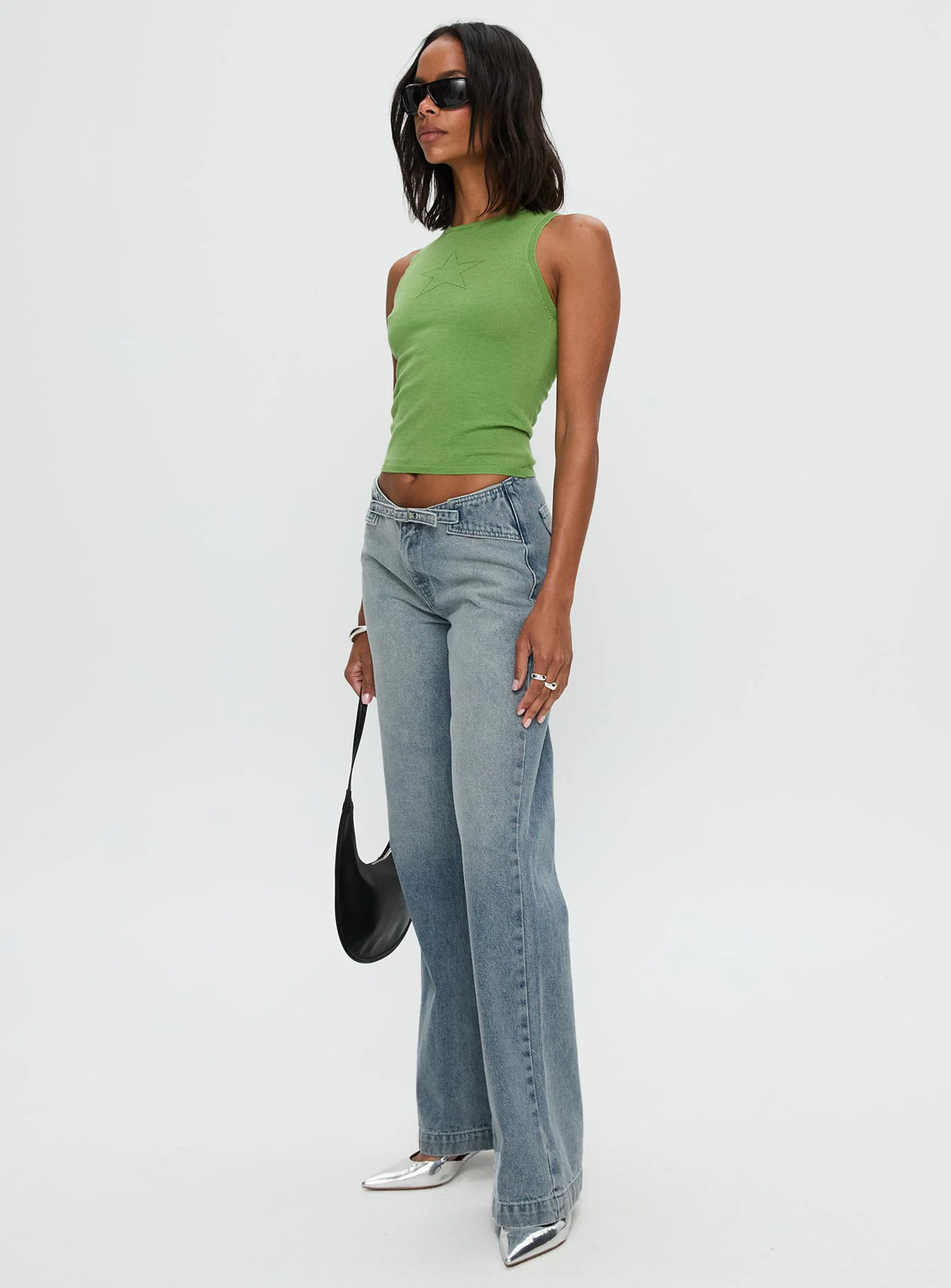 Slow Ride Mid Rise Bootleg Belted Jeans Light Blue