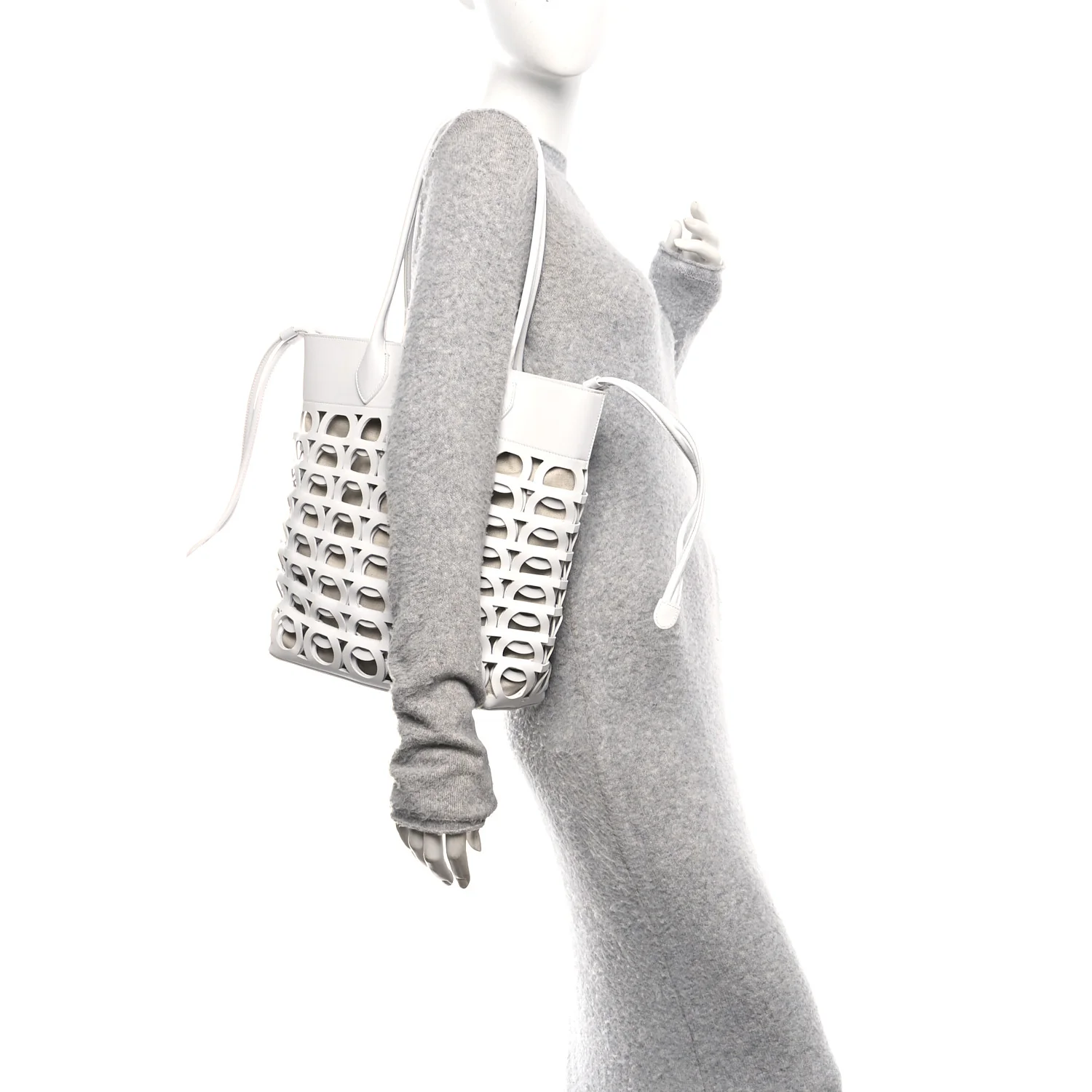 Calfskin Perforated Medium Gancini Tote Bag Optic White - Top Club