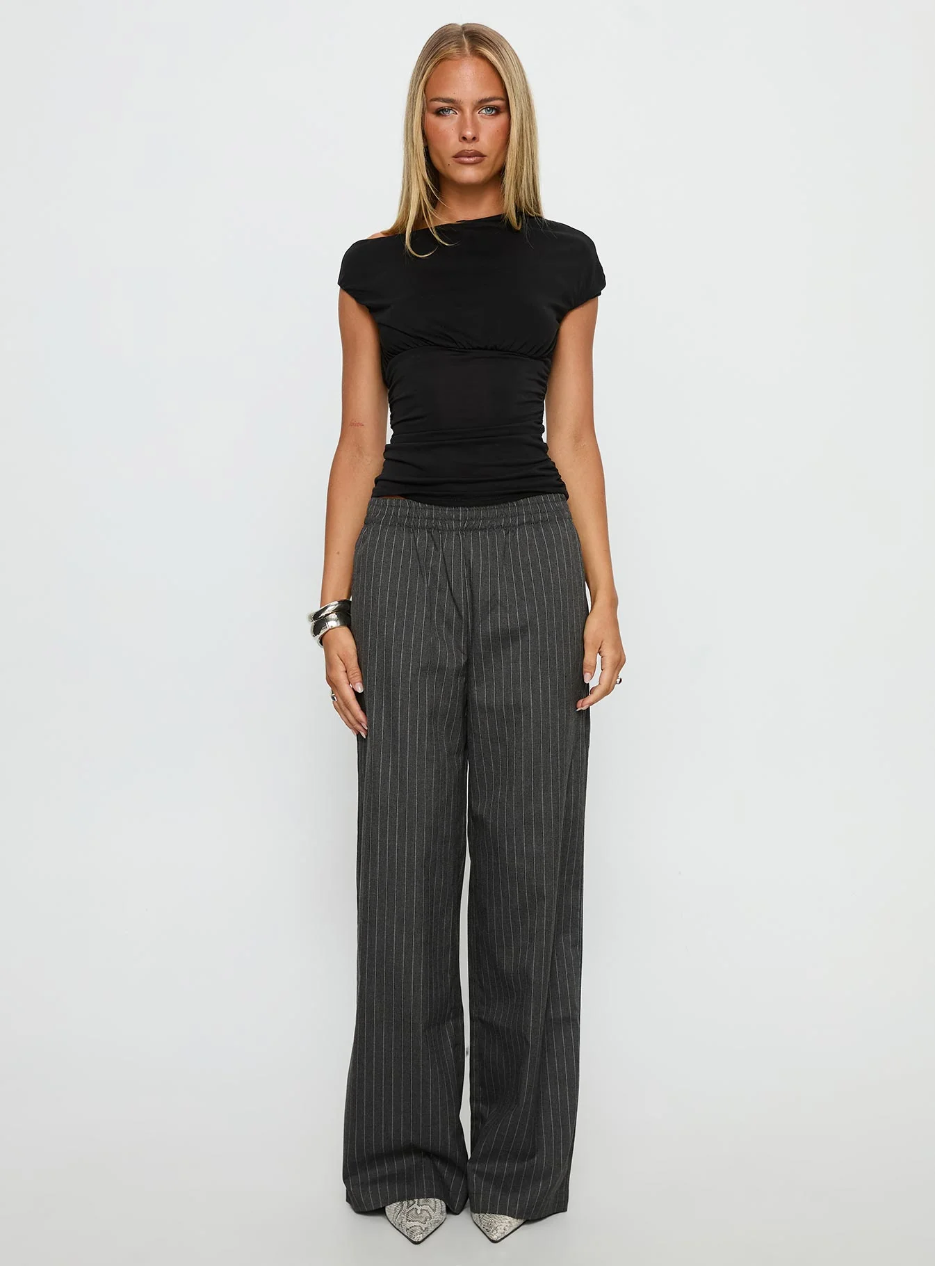 Jaysa Baggy Wide Leg Pant Grey Pinstripe