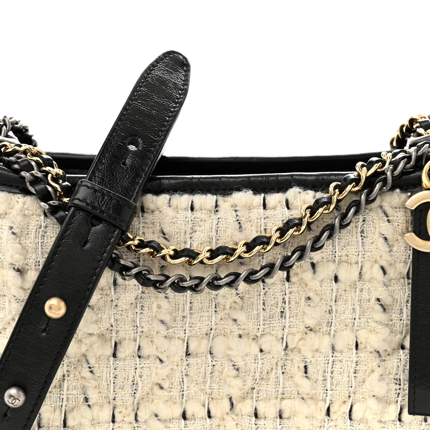 Tweed Calfskin Quilted Small Gabrielle Hobo Ivory Black - Top Club