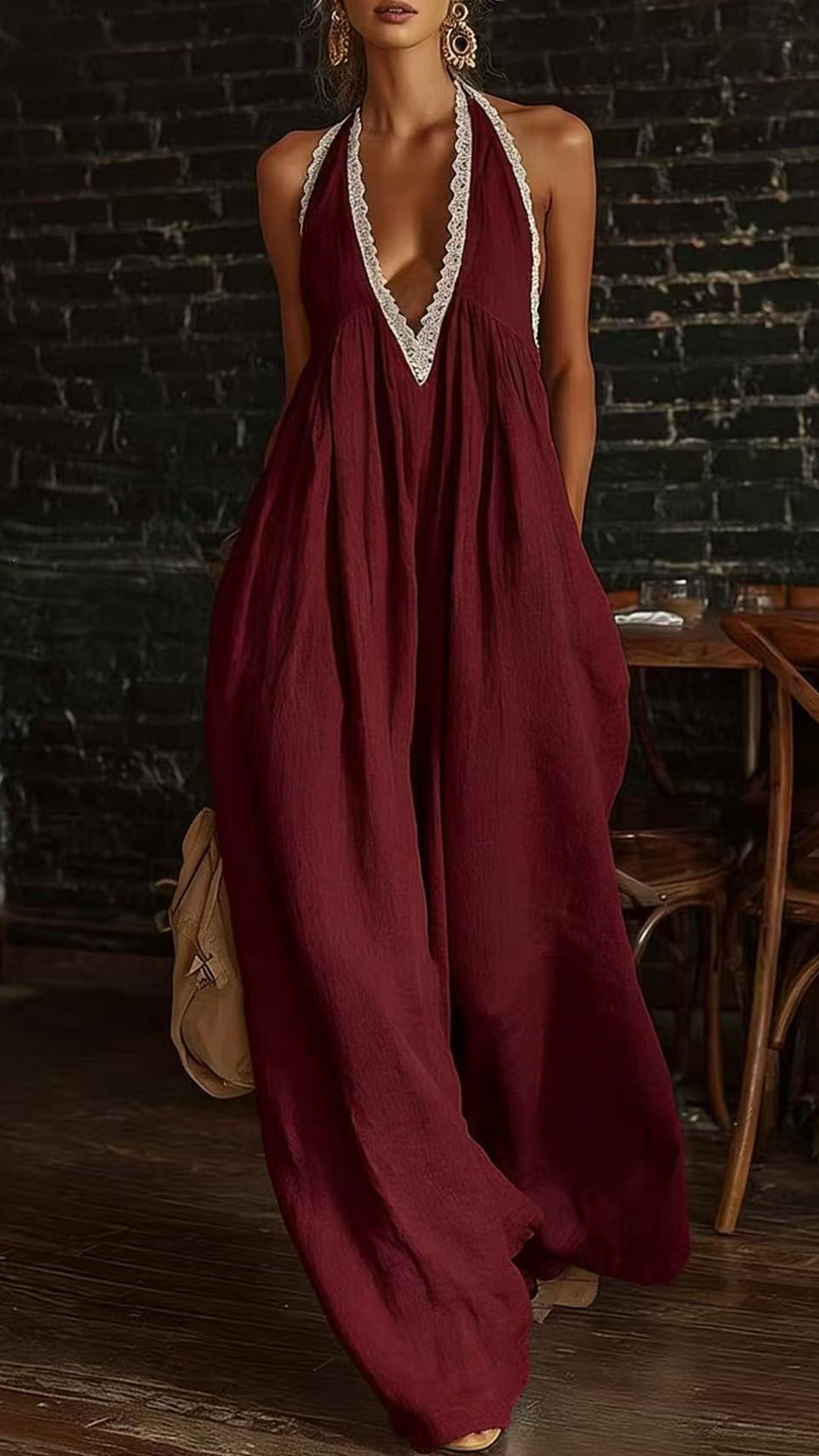 Women's Linen-Cotton Lace Halter Wide-Leg Jumpsuit - Nordfashionstorm - Women's Clothing, Fashion for You - Nordfashionstorm.com